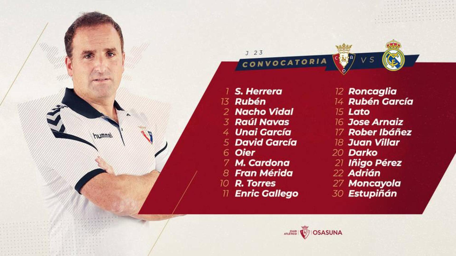 Convocatoria de Arrasate contra el Real Madrid.