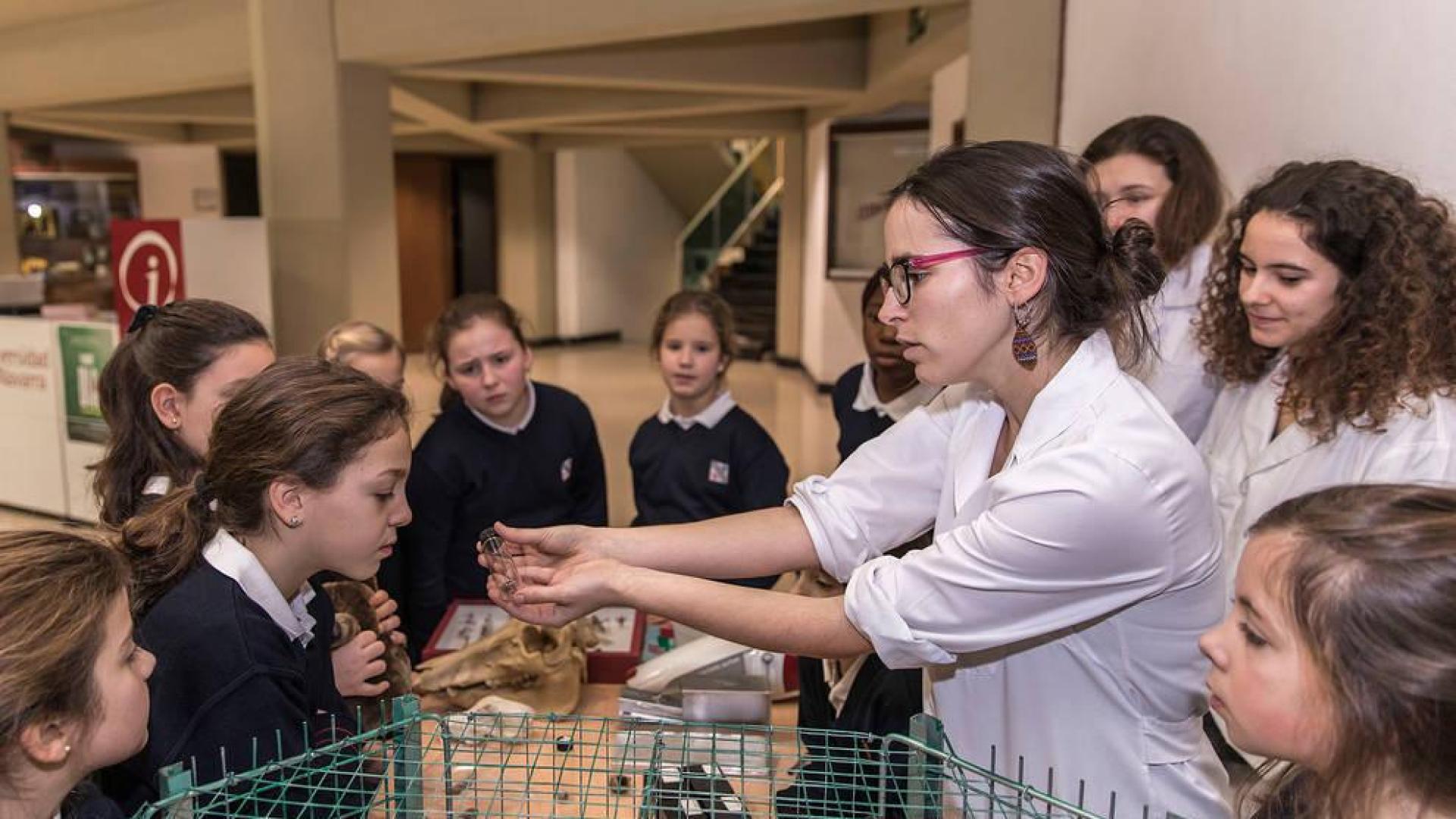 Una alumna de Biología explica a los alumnos de Irabia-Izaga cómo recoger muestras de animales en la jornada Women for Sciencia and Technology en 2017.