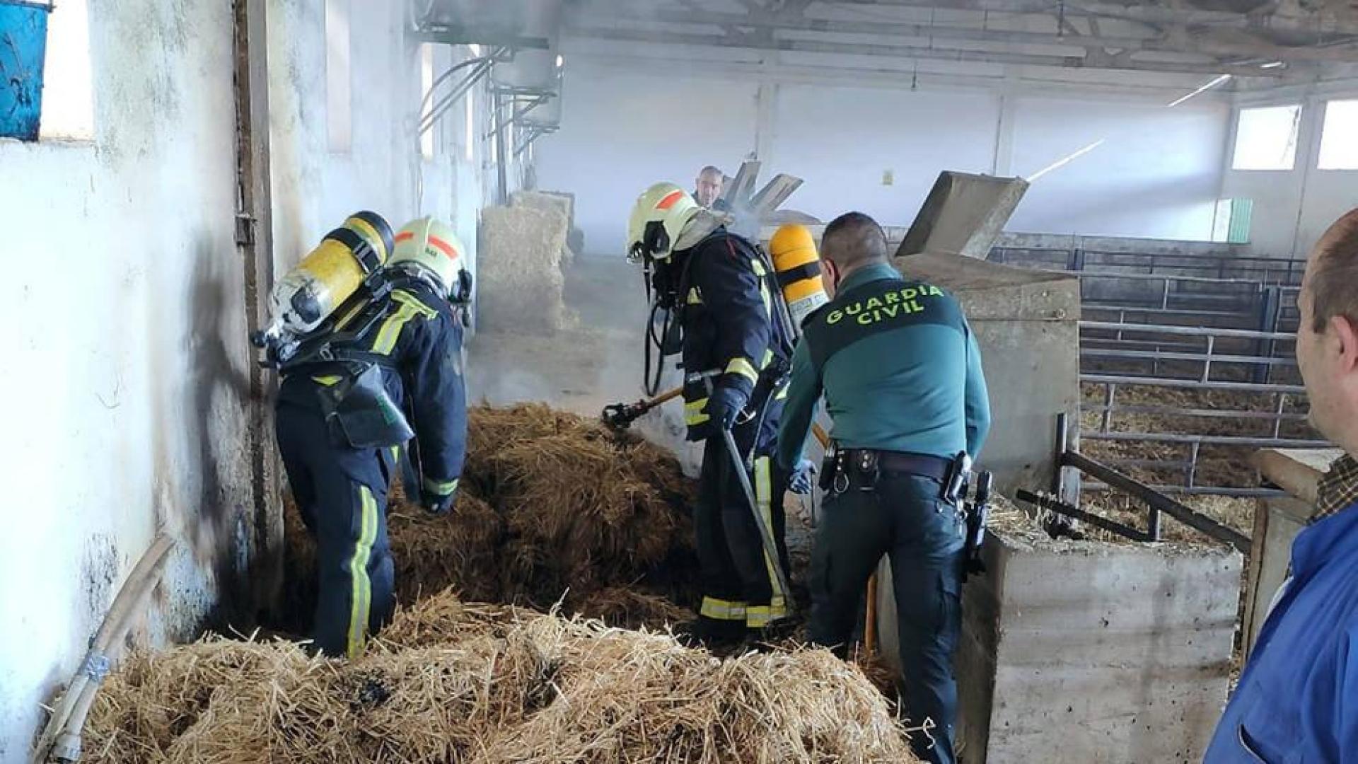 Bomberos y guardia civil colaboran para extinguir el fuego.