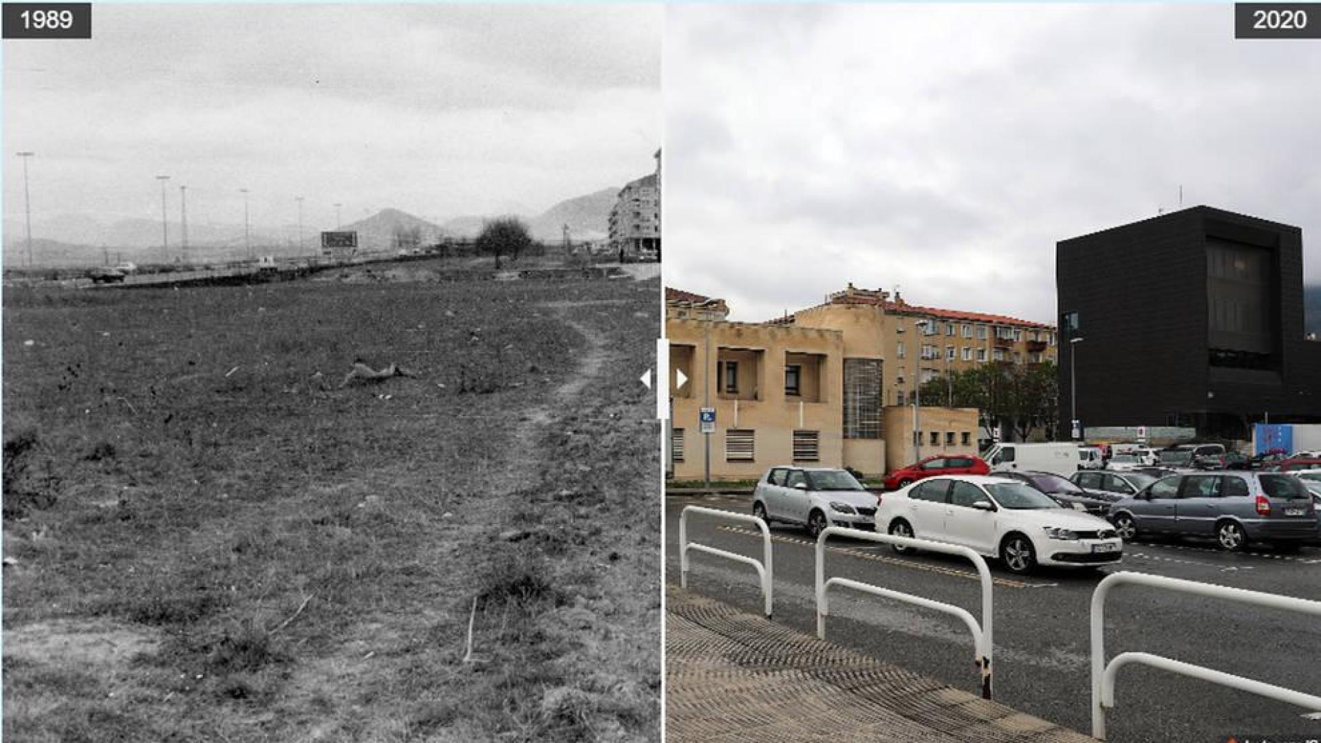 A la izquierda, el solar que cedió el Ayuntamiento de Berriozar en octubre de 1989 para el centro de salud. A la derecha, foto del lugar en el año 2020.