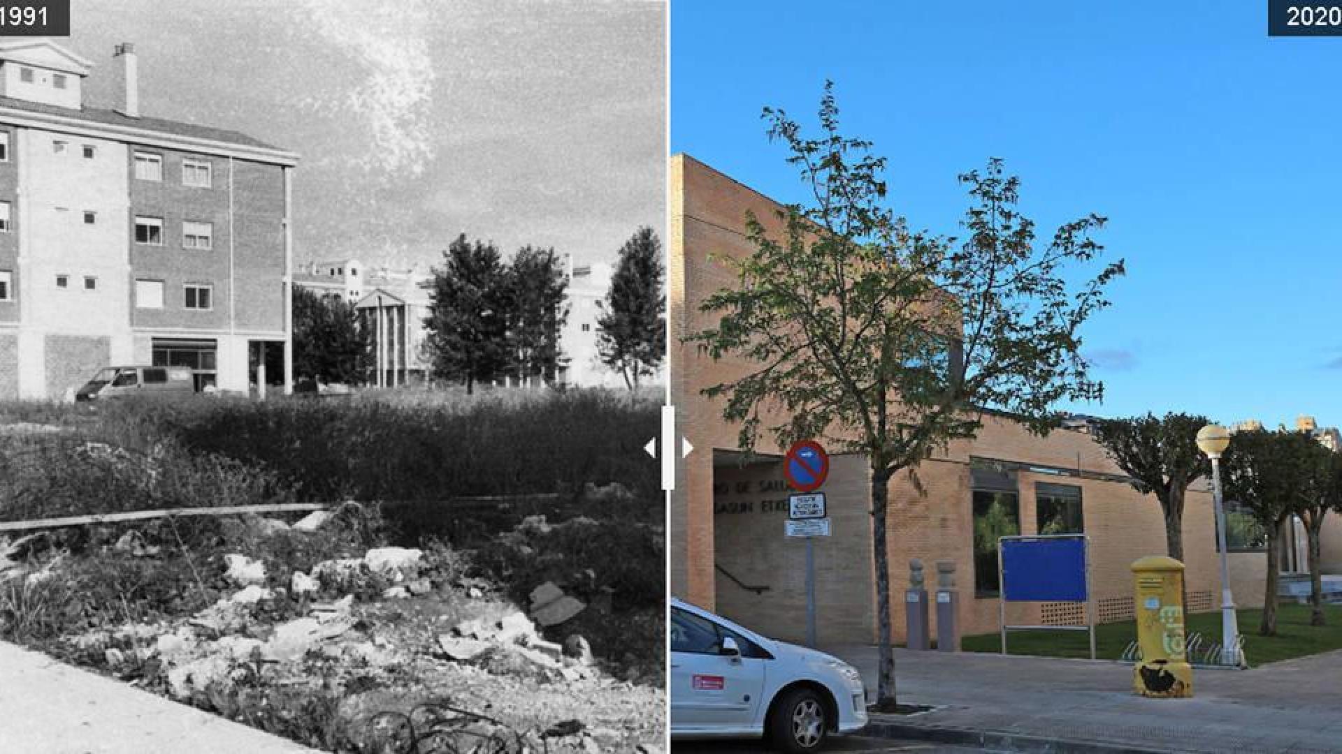 A la izquierda el solar, junto al parque Erreniega, donde se iba a construir el centro de salud de Zizur Mayor. A la derecha, el centro de salud en la actualidad.