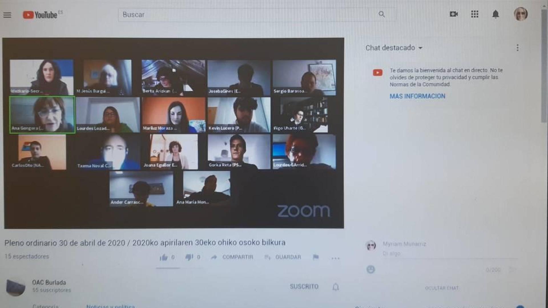 Imagen del pleno celebrado este jueves de forma telemática que se pudo seguir en director por YouTube.