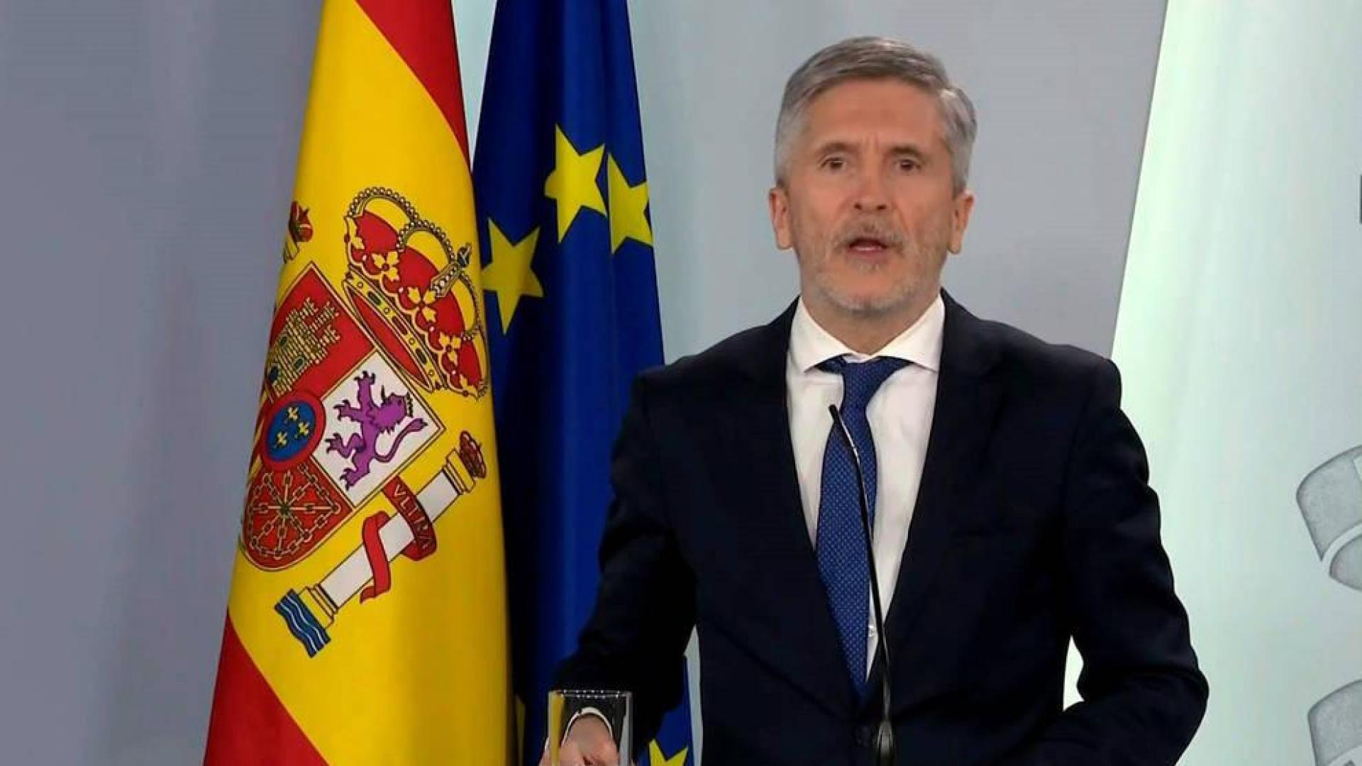 Imagen del ministro del Interior, Fernando Grande-Marlaska, durante la rueda de prensa