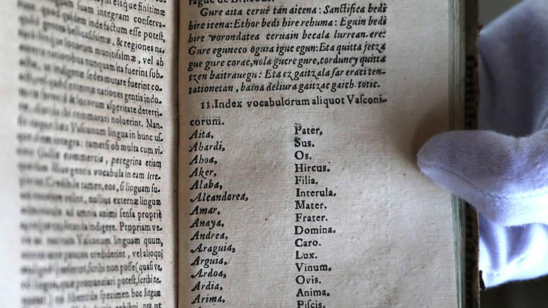 Varias de las palabras traducidas del latín al euskera en la publicación de 1610. Encima, el Padre Nuestro en euskera de Leizarraga.