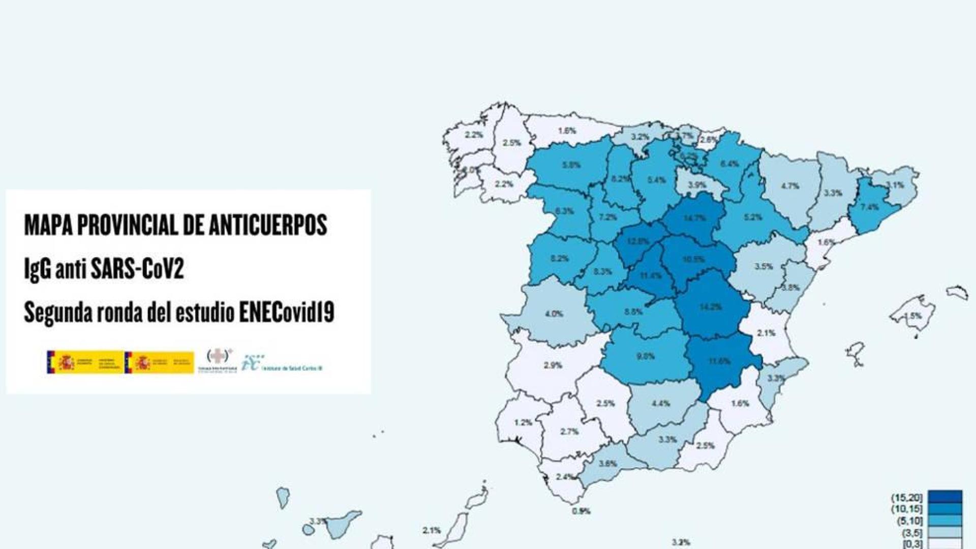 Mapa provincial de anticuerpos tras la segunda oleada del estudio de seroprevalencia.