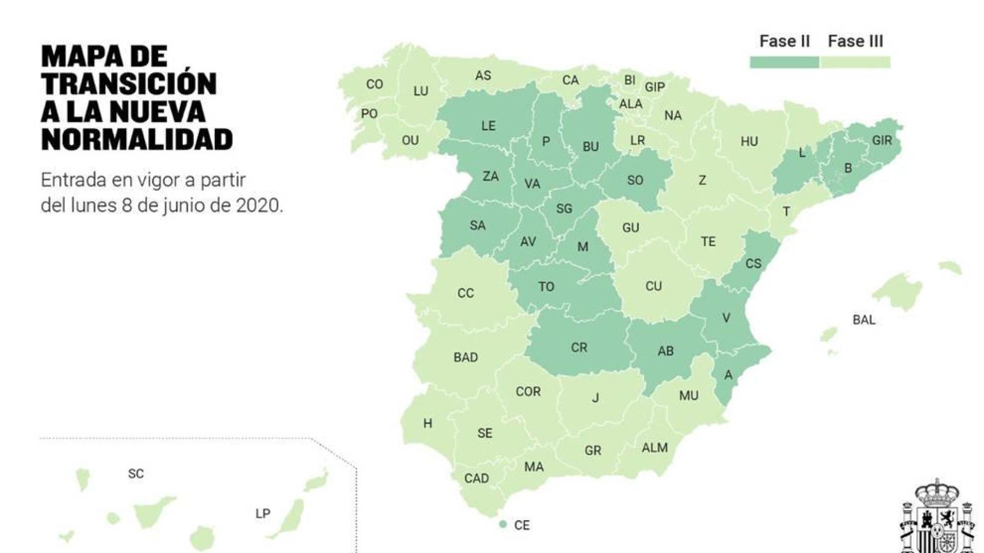 Mapa de las comunidades autónomas que pasan a la fase 3.
