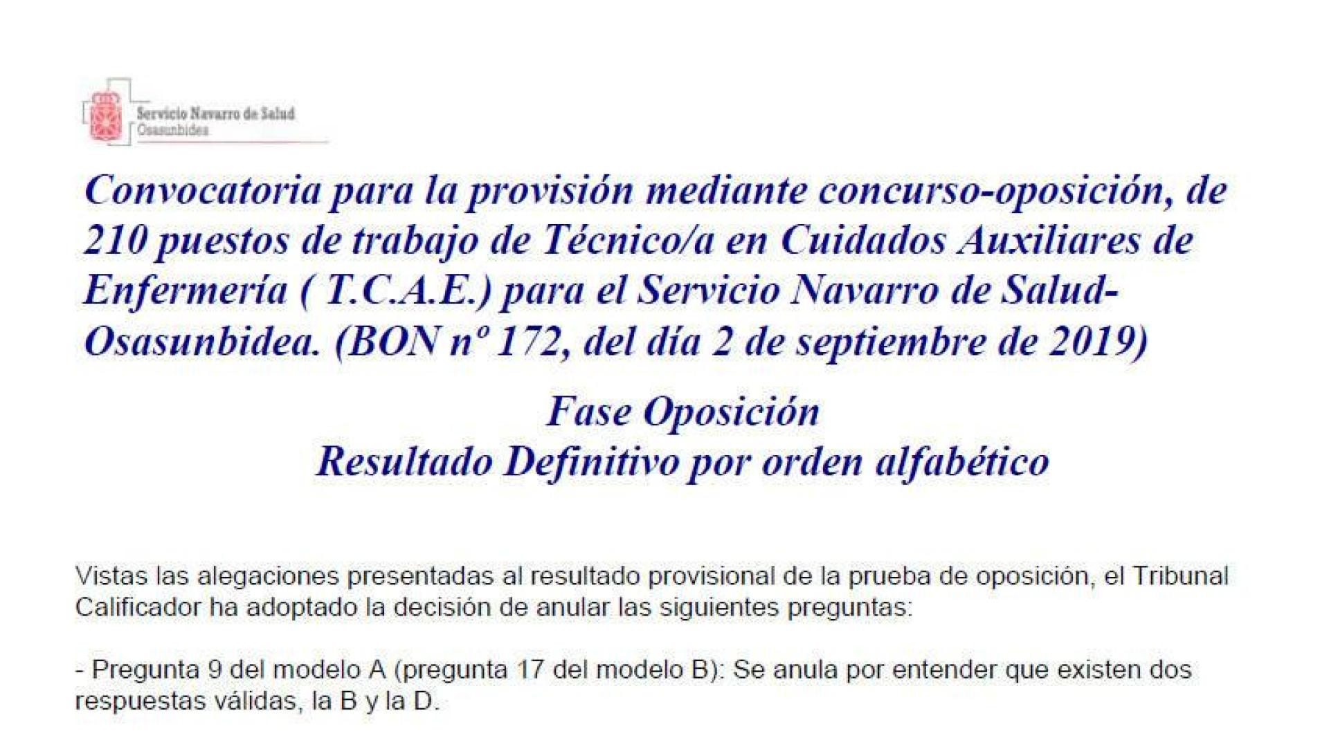 Publicadas las listas definitivas de la fase de oposición de técnico de auxiliar de enfermería