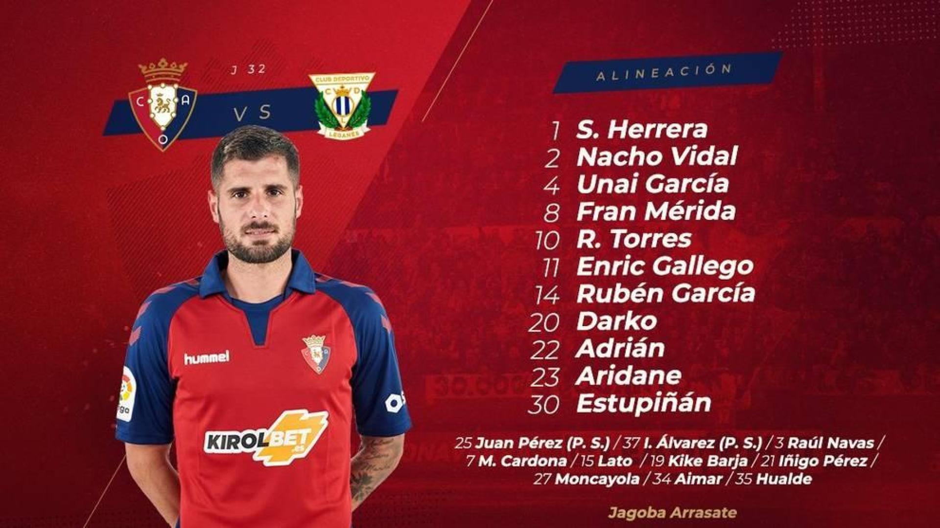 Osasuna se medirá al Leganés con cinco novedades en el once