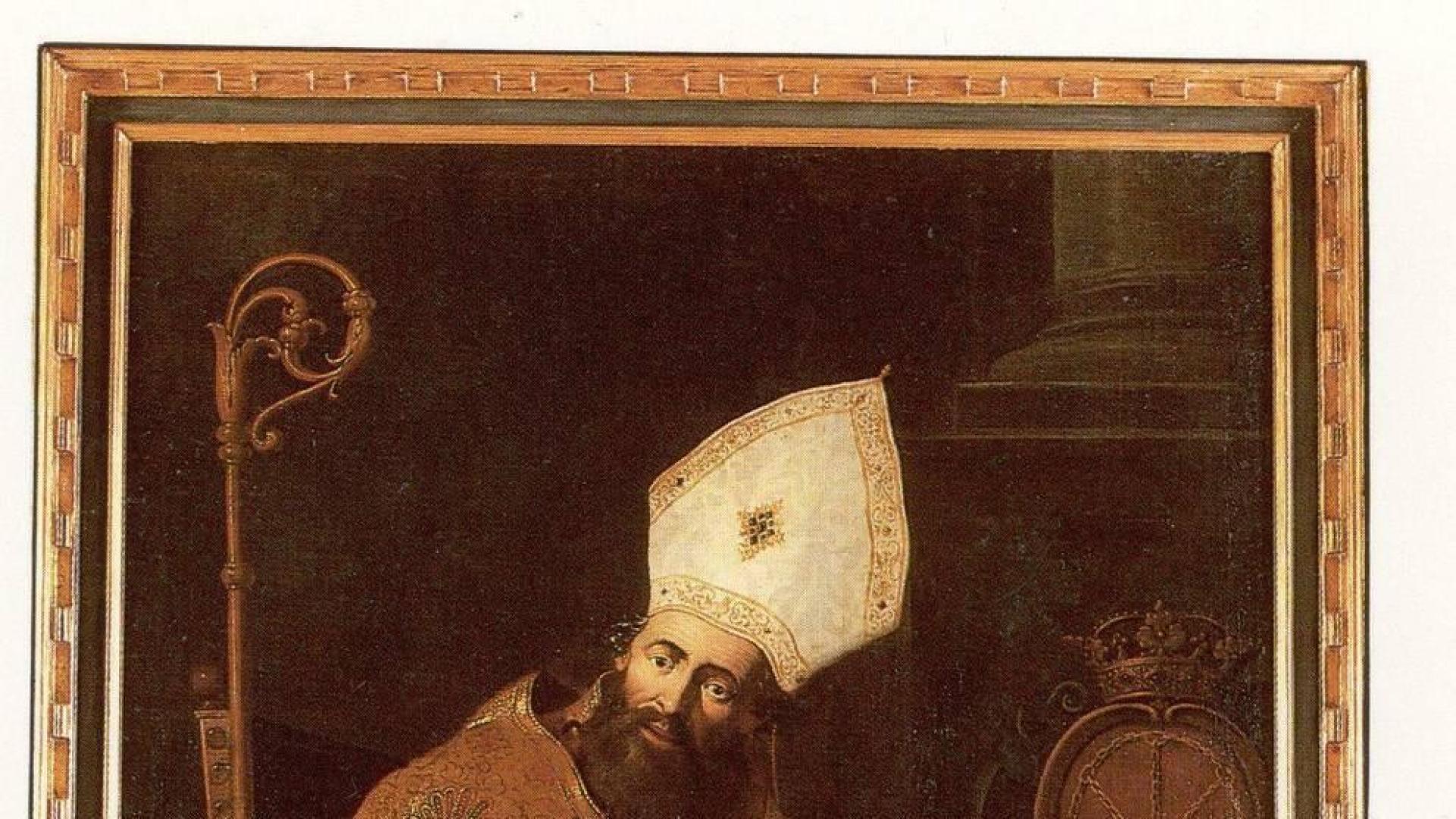 Lienzo de san Fermín en el Ayuntamiento de Pamplona, mediados del siglo XVII, procedente de las Bernardas de Lazcano. Sigue el modelo de una pintura de San Ambrosio con numerosas copias en España, una de ellas en el Museo del Prado.