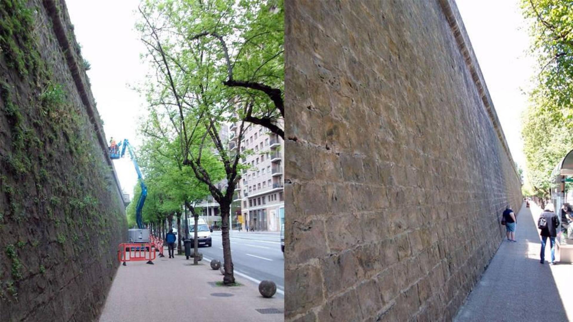 La muralla de la Ciudadela antes y después de la limpieza.