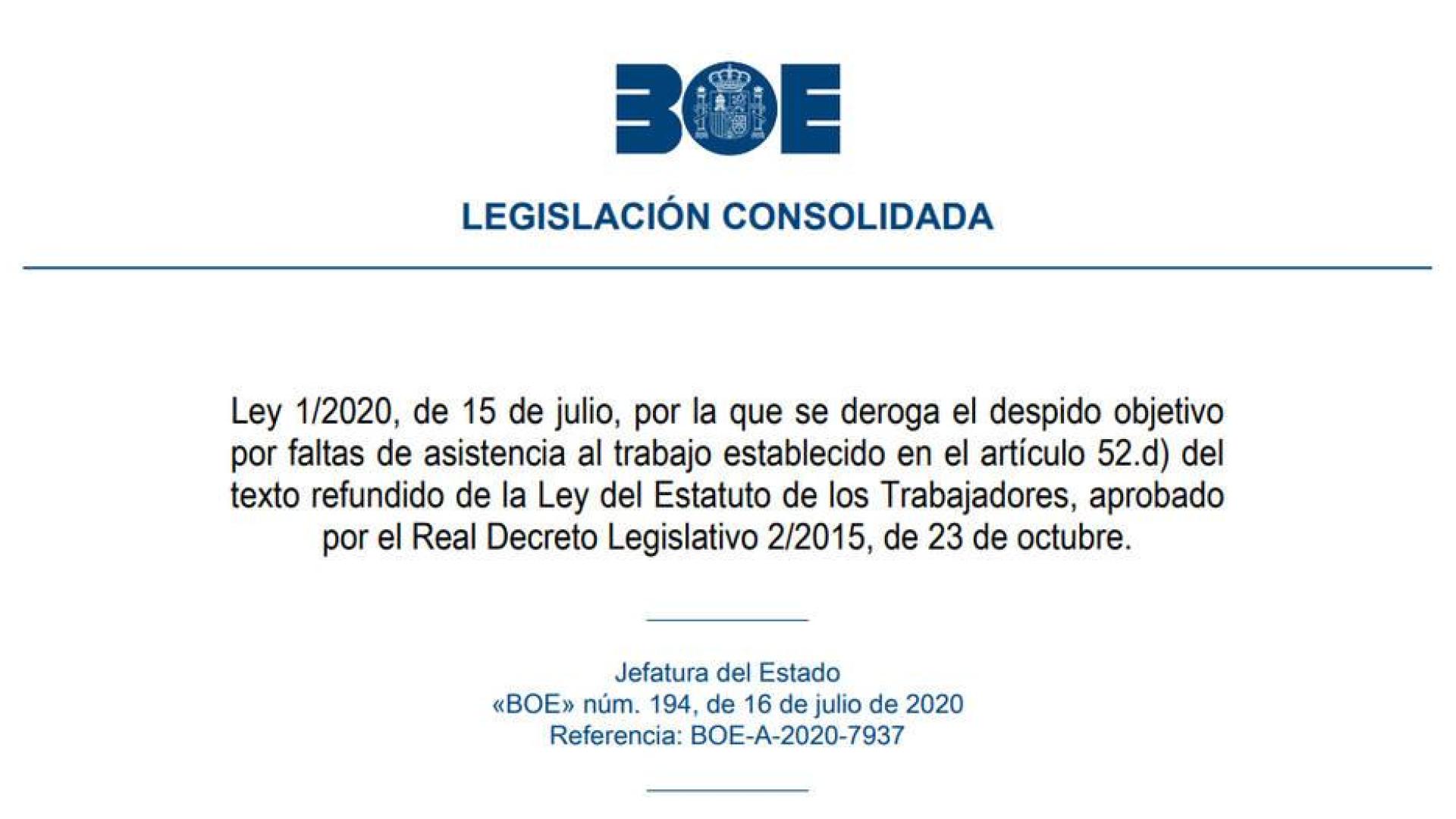 El BOE publica la ley que deroga los despidos por acumular bajas médicas