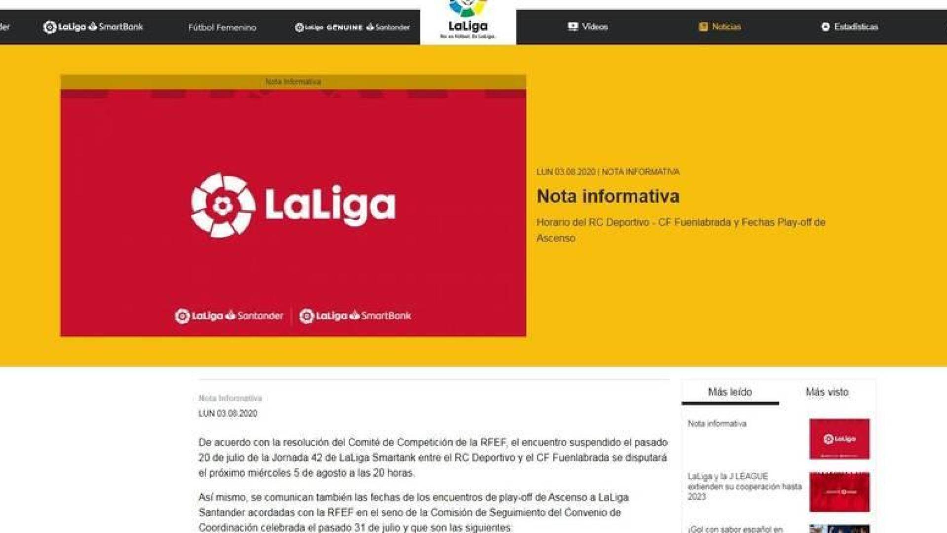 LaLiga anuncia el Dépor-Fuenlabrada para el 5 de agosto y el comienzo del 'playoff' para el 13 de agosto