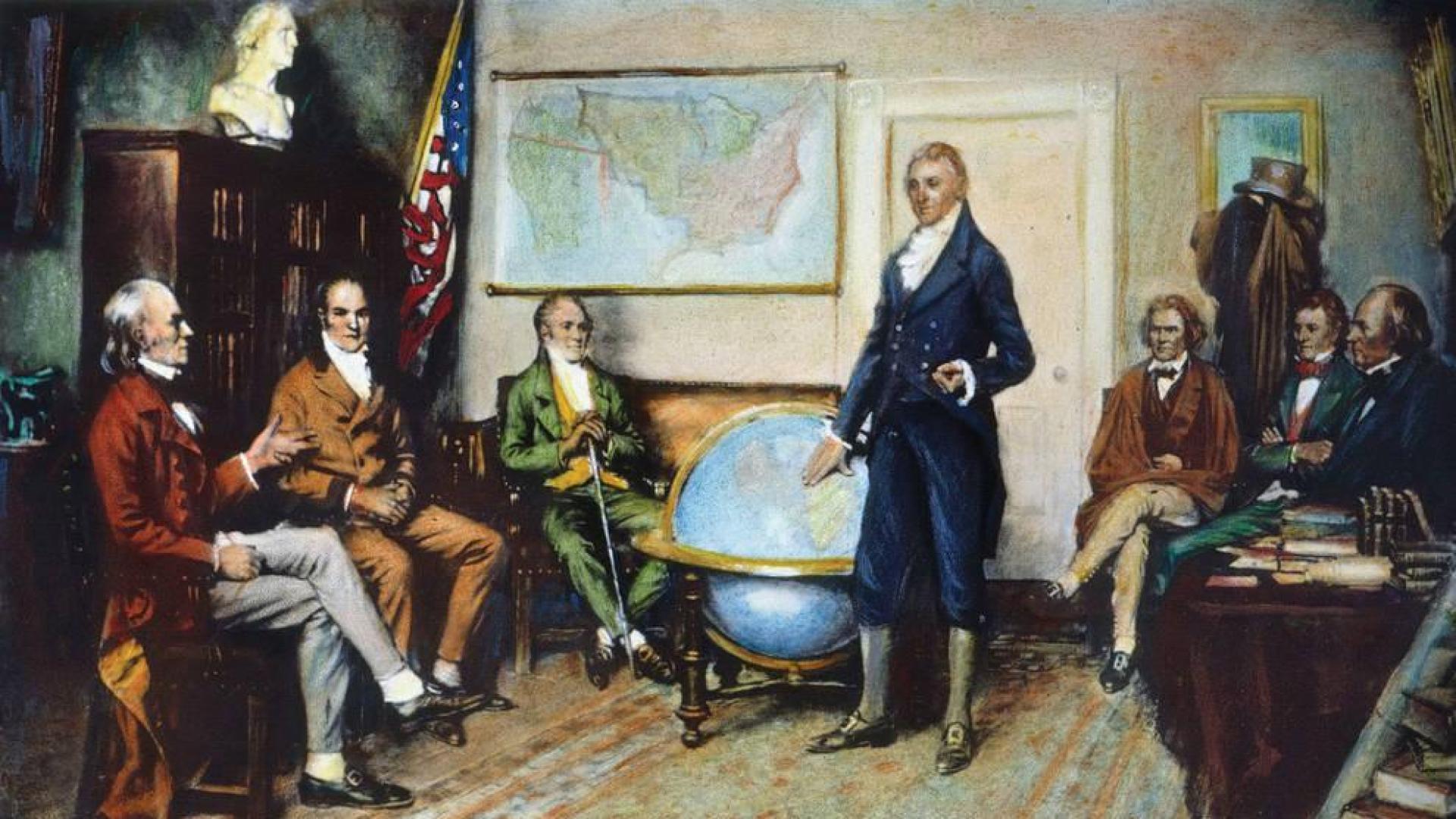 James Monroe presidente una reunión del Gabinete en 1823.