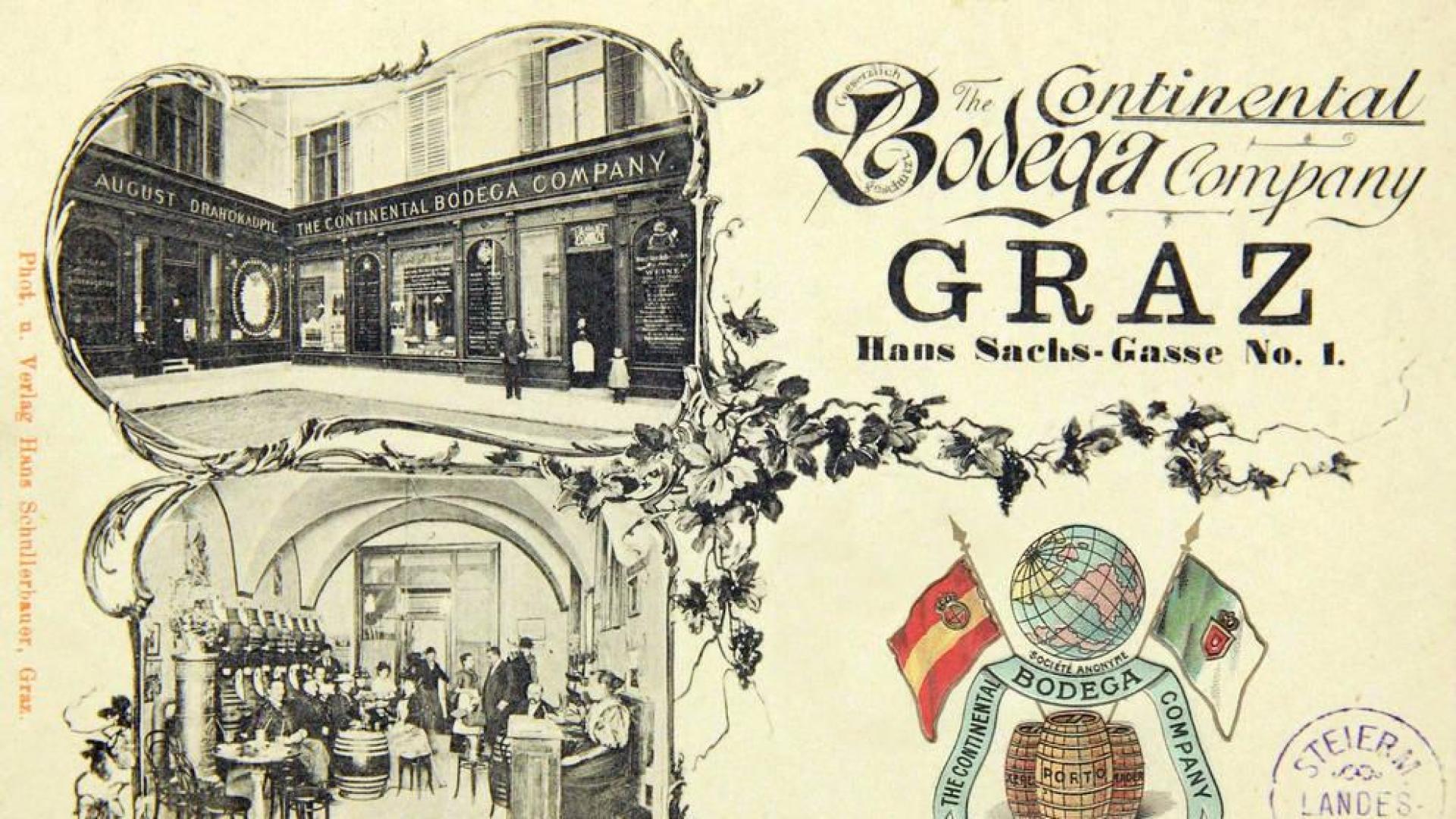Postal de 1900 que muestra el establecimiento de la Continental Bodega Company en Graz (Austria). L. S.