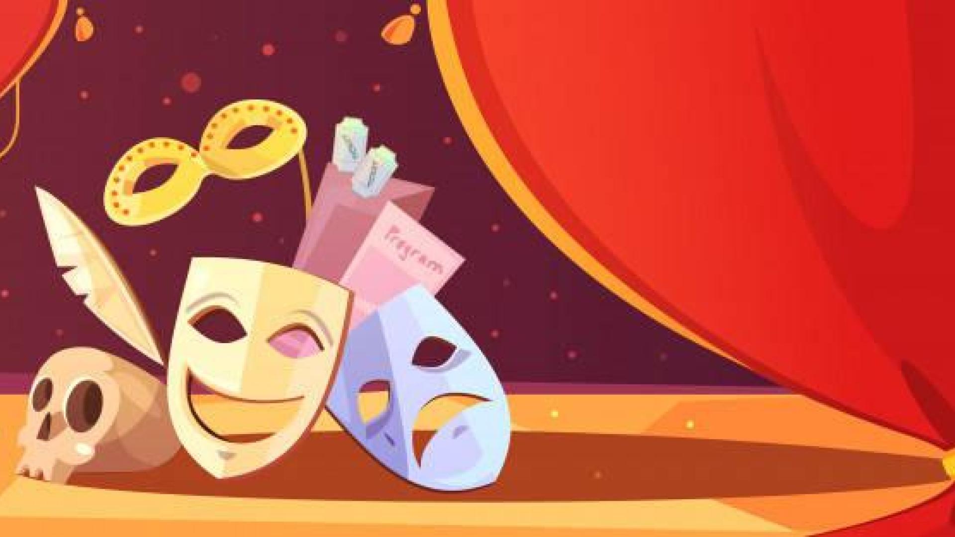 Imagen de máscaras y otros objetos típicos del mundo del teatro y las artes escénicas