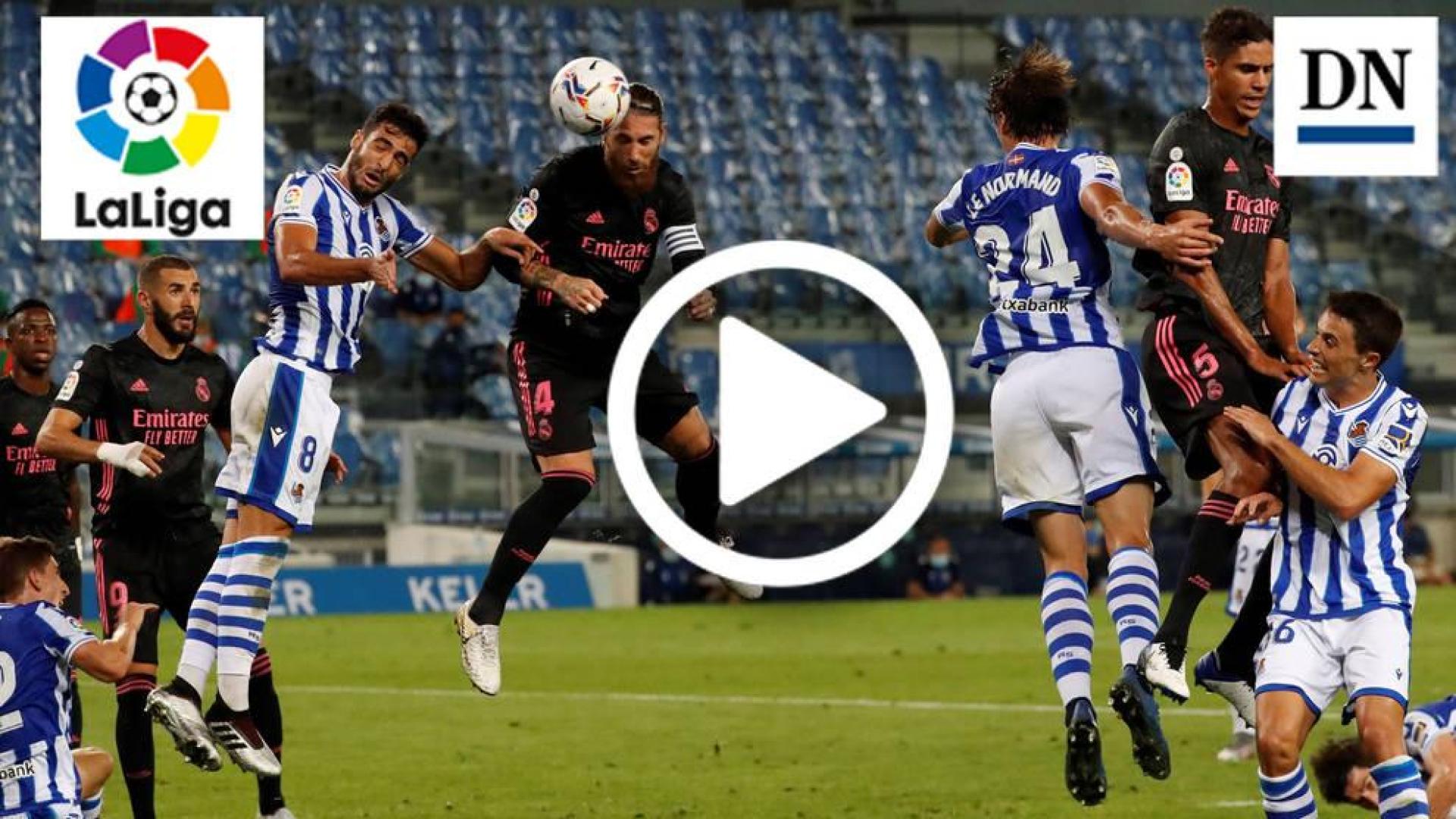 Sergio Ramos intenta rematar ante el centrocampista de la Real Sociedad Mikel Merino