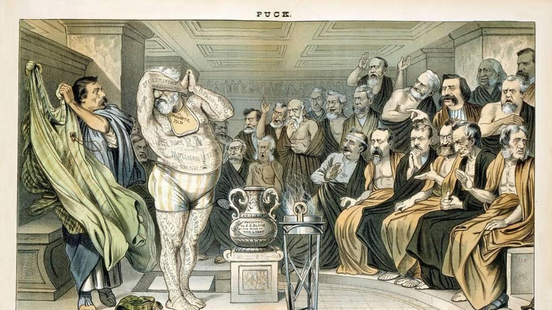 Caricatura que representa al candidato Blaine tatuado con todo tipo de escándalos políticos.