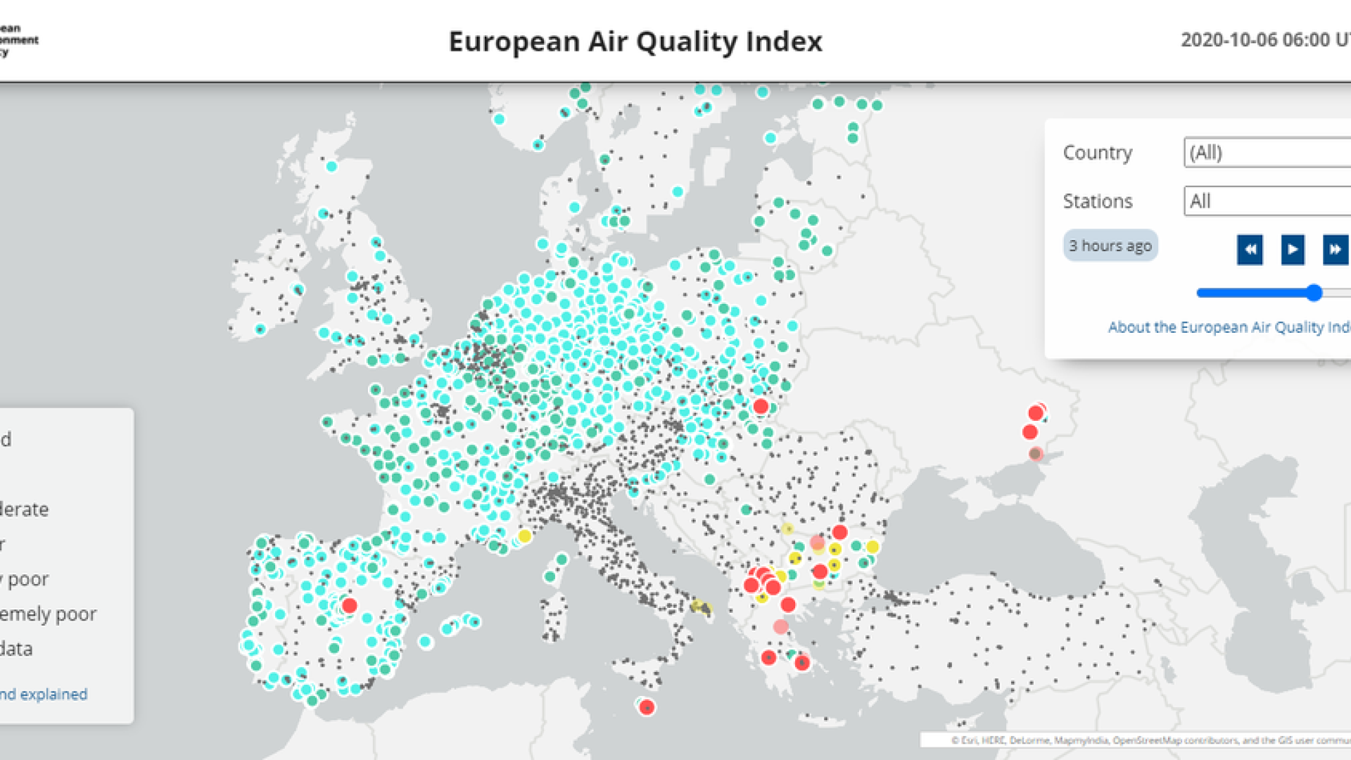 Imagen del mapa del Índice Europeo de Calidad del Aire.