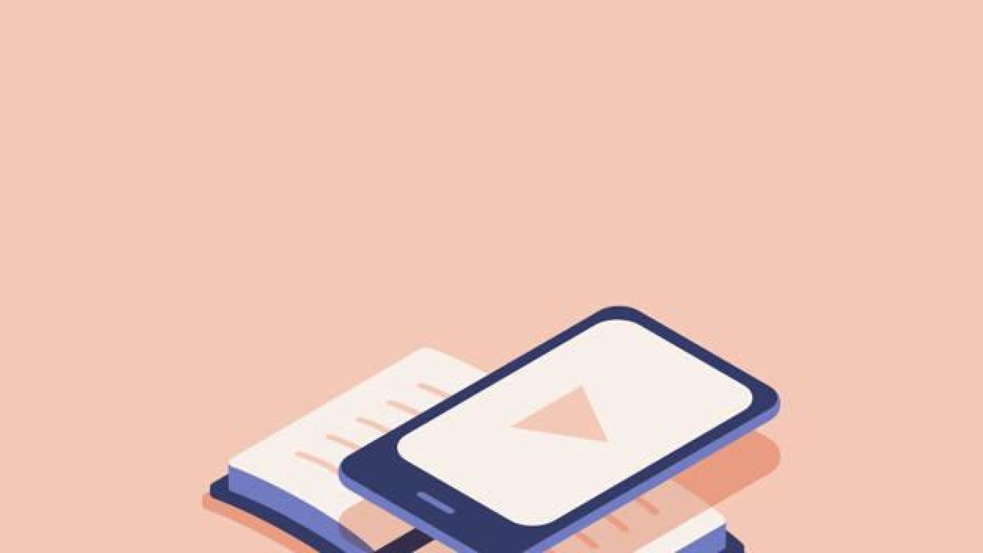 Ilustración de un lector de ebooks sobre un libro de papel