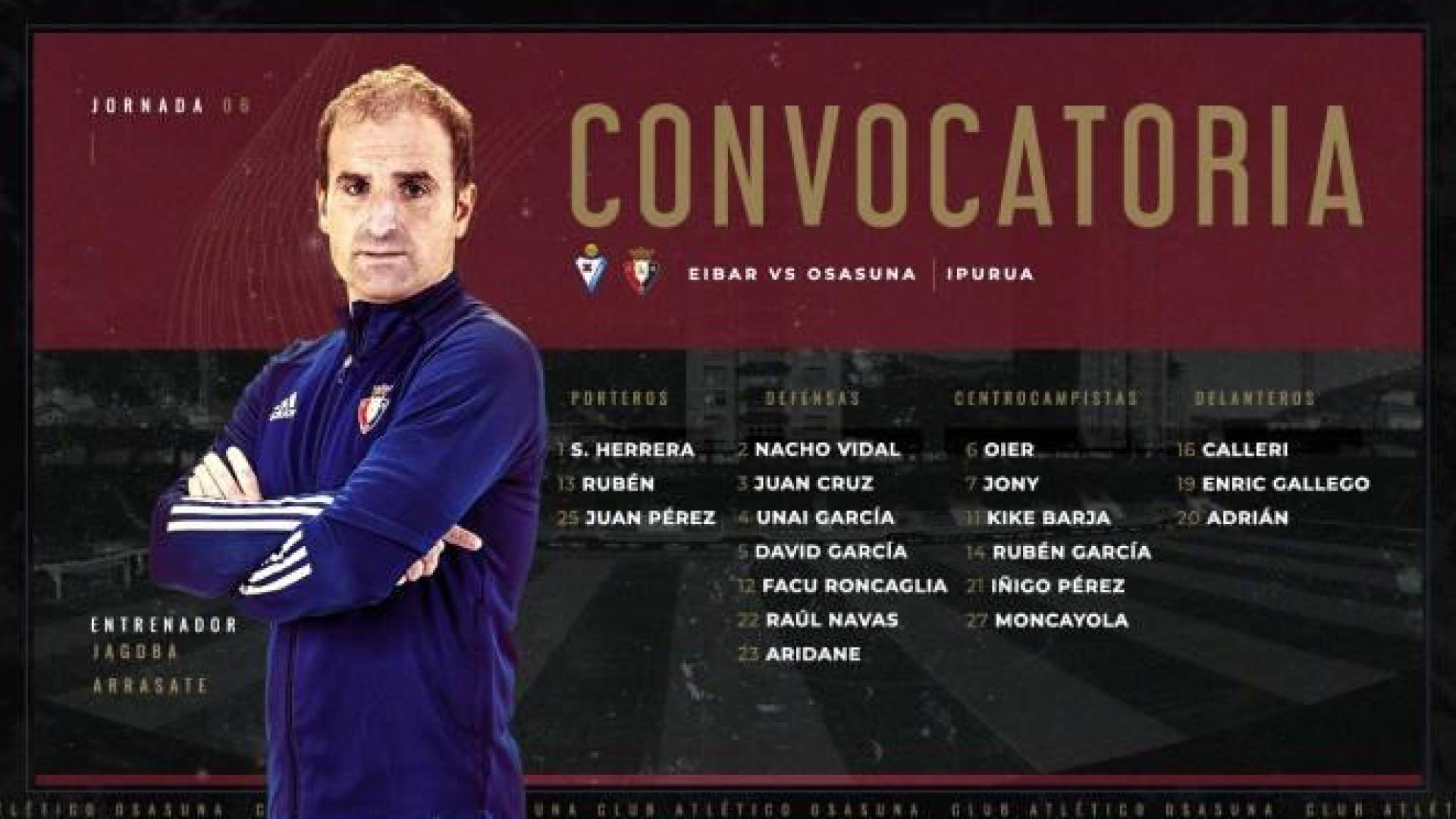 Convocatoria de Osasuna ante el Eibar.
