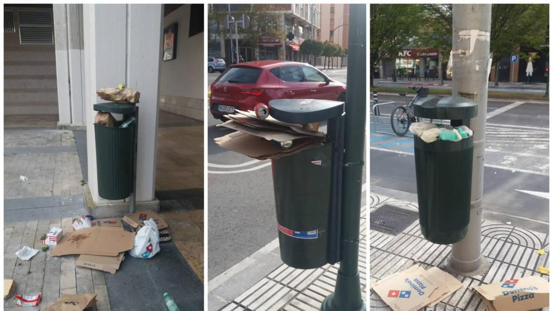 Estado de varias papeleras en la zona de Pío XII en Pamplona.