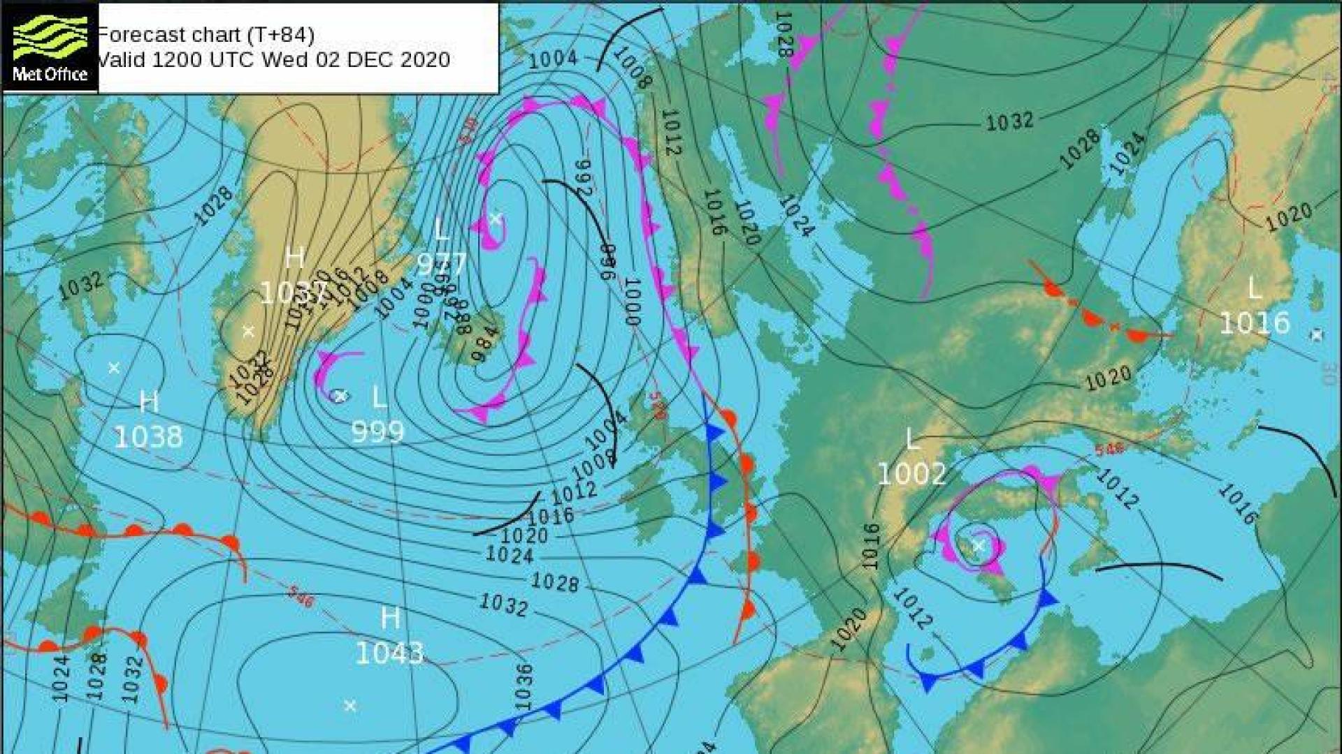 Mapa previsto para el miércoles a las 13:00 h donde se ve el frente de frío polar sobre el Atlántico.