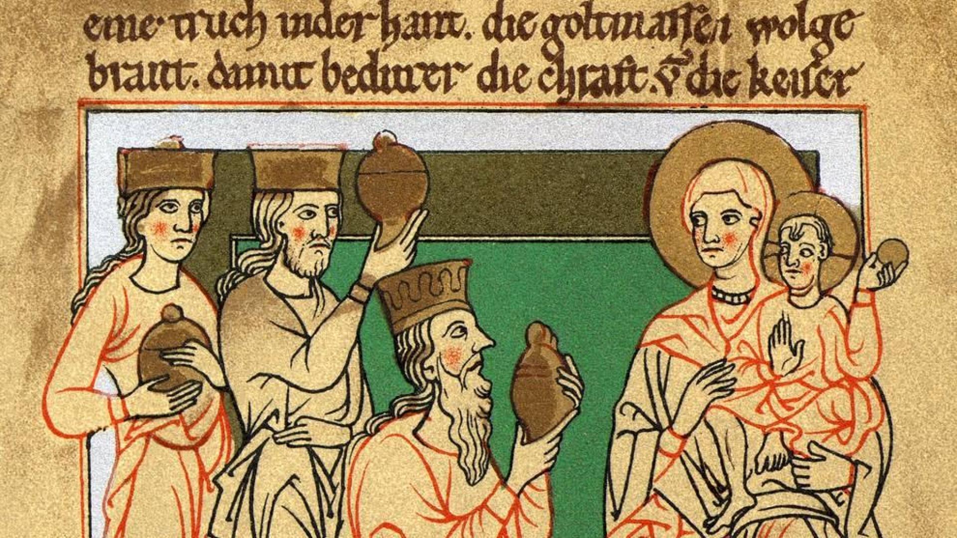 Escena de la Adoración de los Magos, en un manuscrito alemán medieval. R. C.