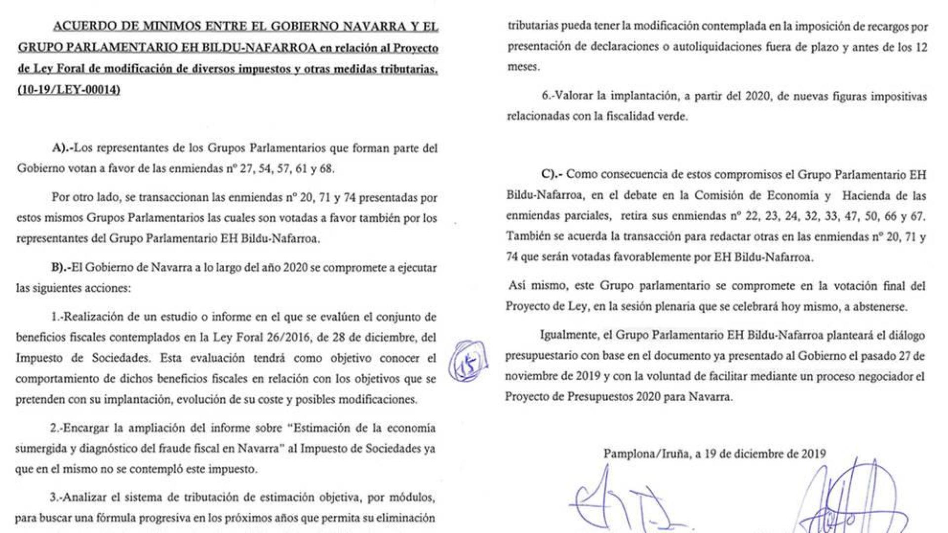 El Gobierno de Chivite ya pactó con Bildu 6 compromisos fiscales en 2019