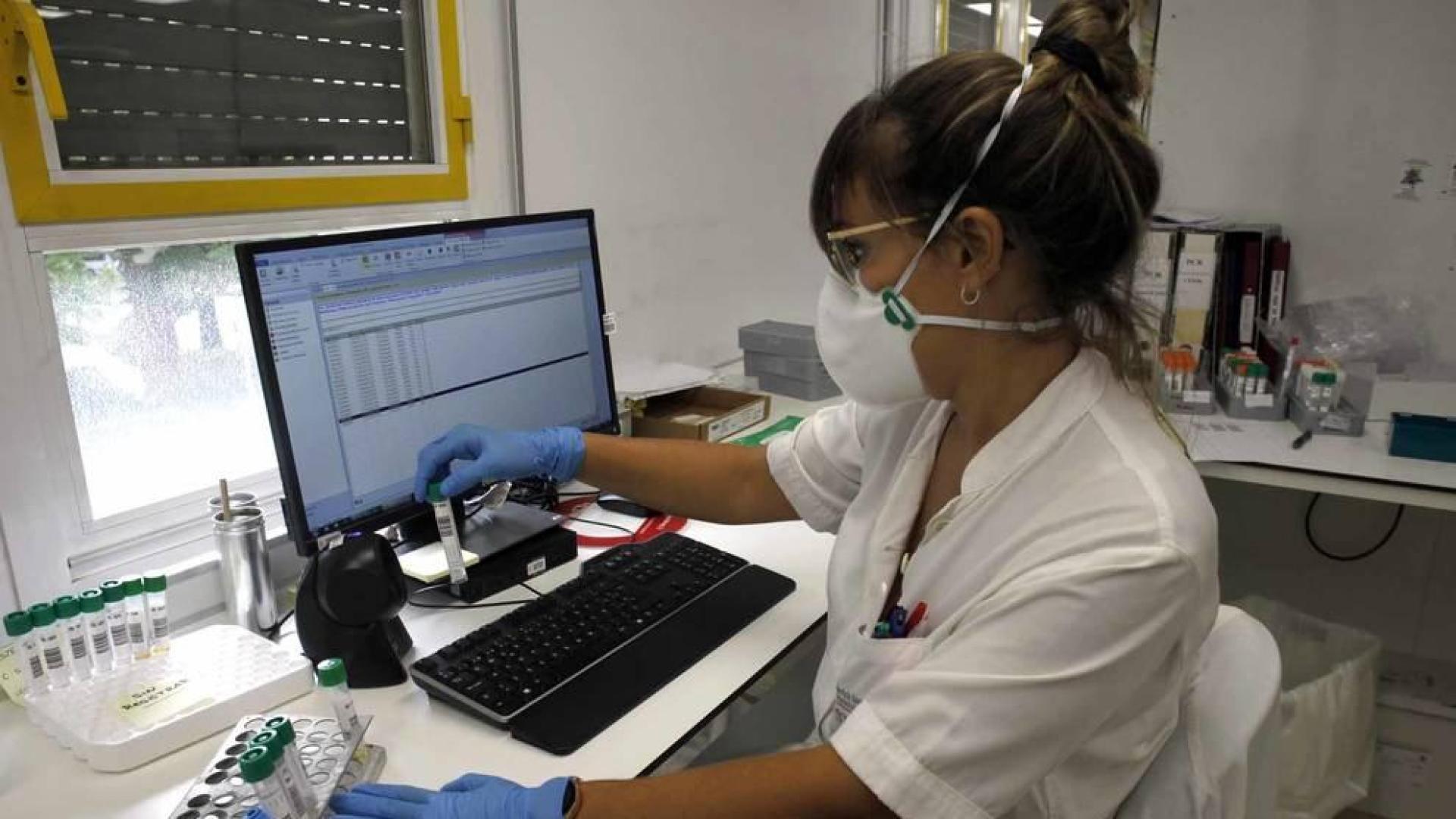 Fotos que muestran cómo se trabaja en el laboratorio del pabellón L del Complejo Hospitalario de Navarra donde se analizan las PCR
