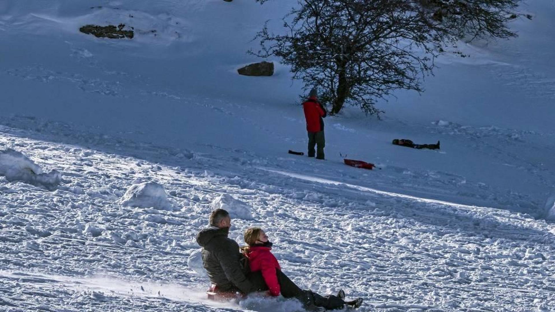Padres y niños salieron a la nieve a disfrutar con los trineos en el alto de Lizarraga este jueves, 7 de enero.