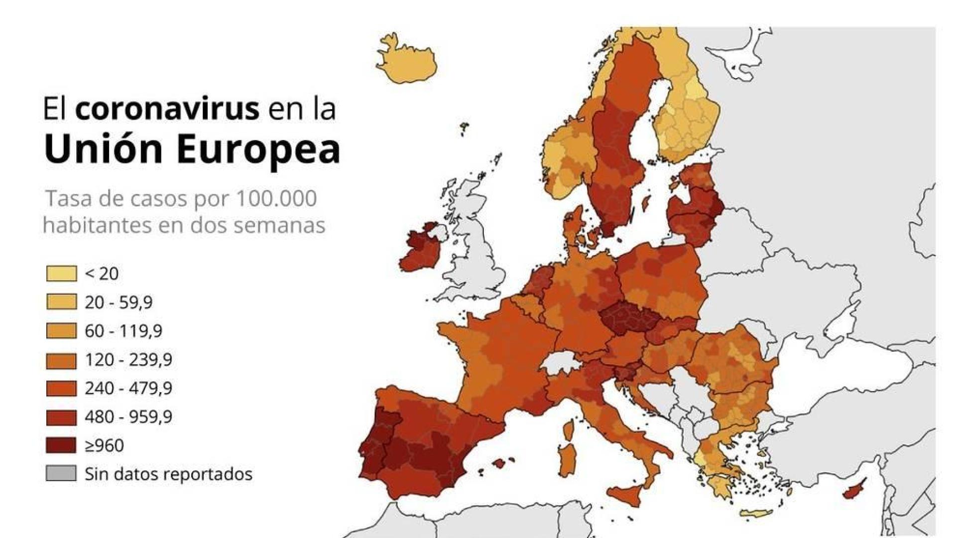Mapa con la tasa de incidencia acumulada de coronavirus por 100.000 habitantes en las primeras dos semanas de 2021 por regiones en la Unión Europea