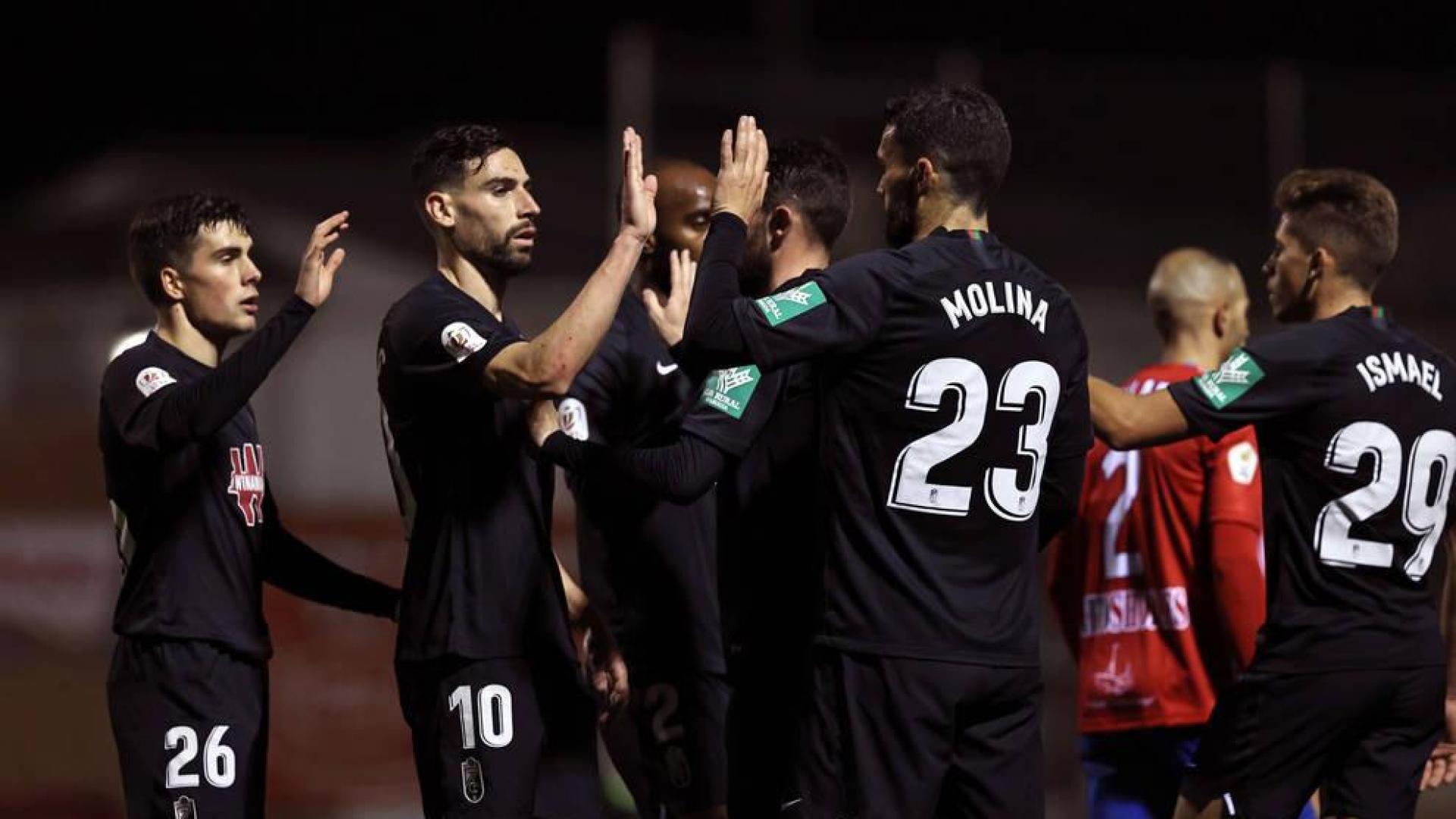 Los jugadores del Granada celebran uno de los goles ante el Navalcarnero en Copa.