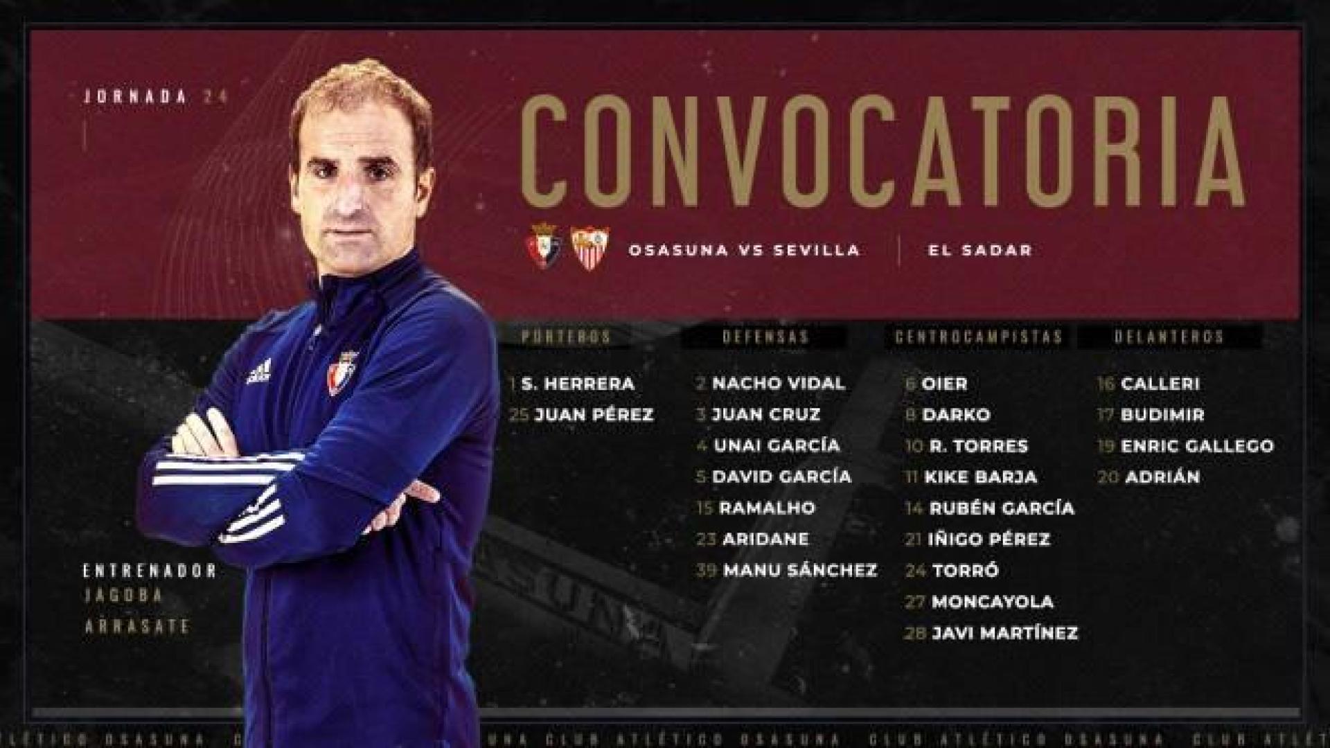 Convocatoria de Osasuna ante el Sevilla.