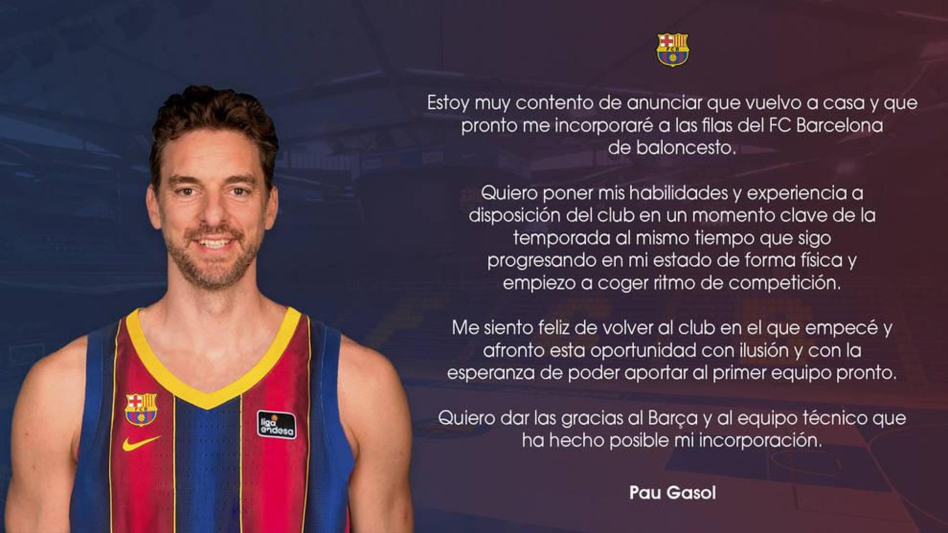 Pau Gasol confirma su regreso al Barcelona