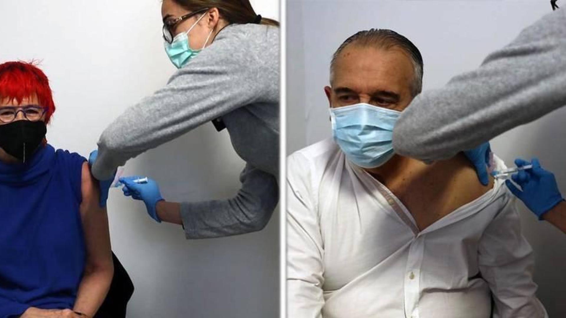 Santos Induráin y Enrique Maya se vacunan en el antiguo colegio de Maristas