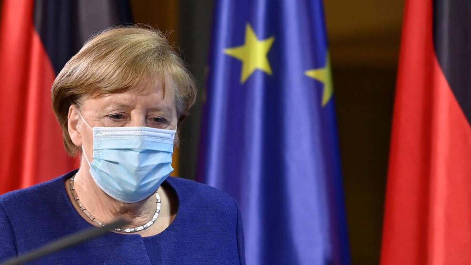 La canciller alemana, Angela Merkel, en la rueda de prensa tras la cumbre virtual de líderes de la UE