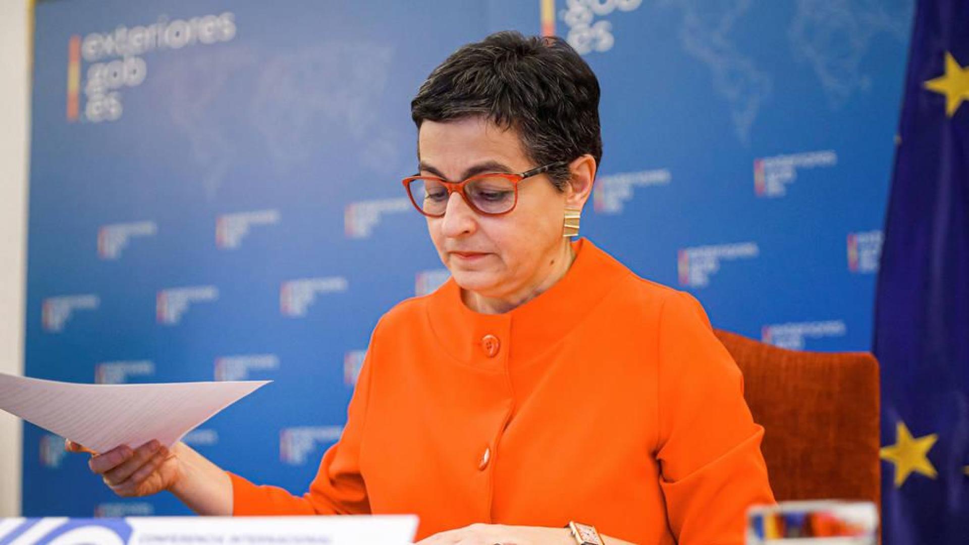 La ministra de Asuntos Exteriores, Arancha González Laya, en una conferencia internacional de solidaridad con los refugiados