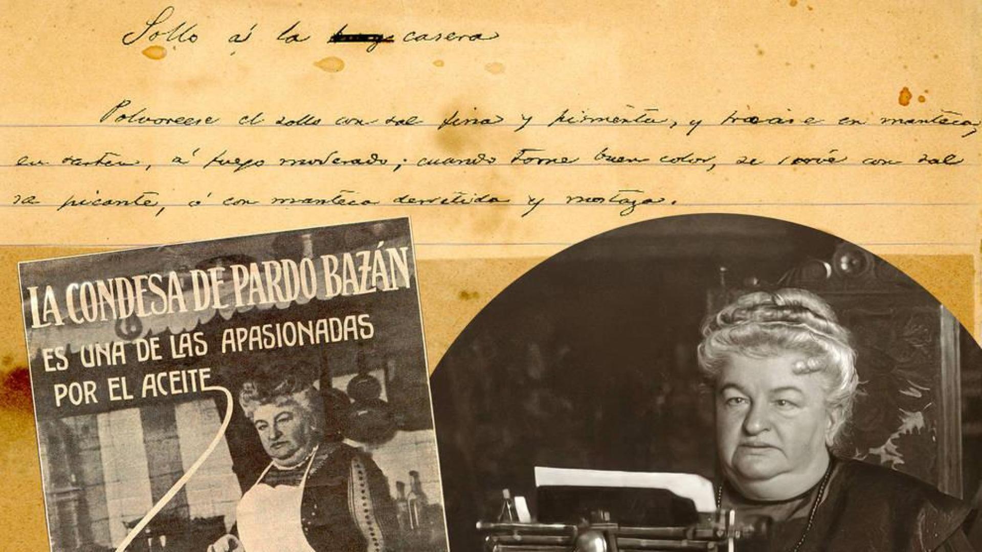 Receta manuscrita, anuncio y retrato de Emilia Pardo Bazán.