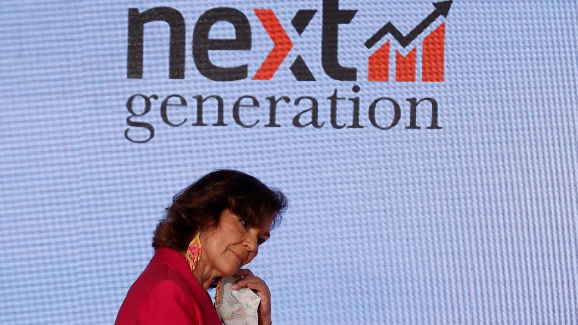La vicepresidenta primera del Gobierno, Carmen Calvo durante su intervención en la jornada sobre fondos europeos en Madrid