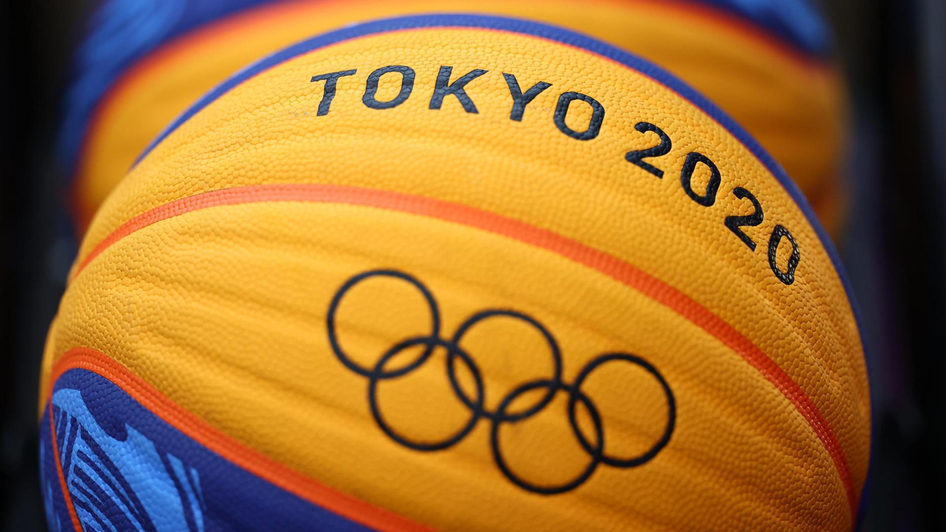 Tokyo 2020 Olympics - Basketball 3x3 Training - Aomi Urban Sports Park, Tokyo, Japan - July 22, 2021 The Olympic rings are seen on a ball during a training session. REUTERS/Andrew Boyers