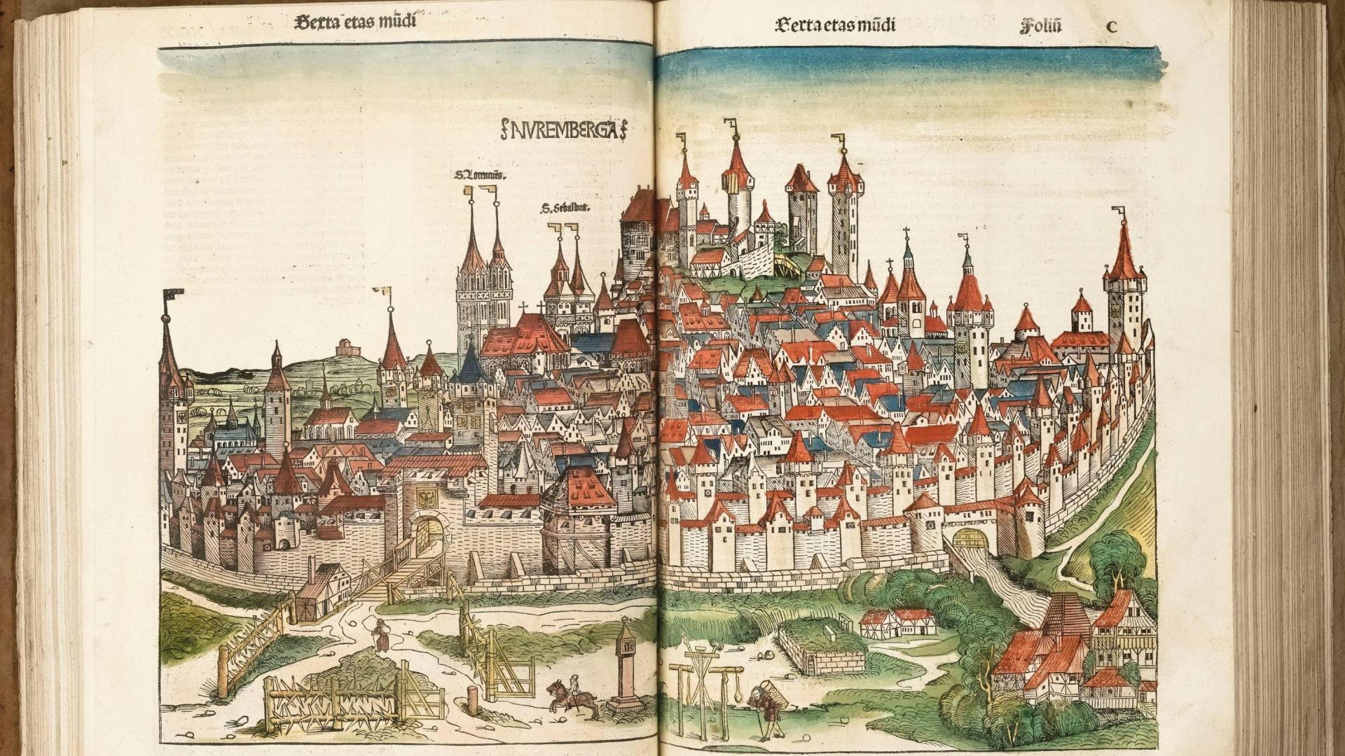Nuremberg, ciudad donde residía y de la que partió el viajero Jerónimo Münzer. Crónica Schedel, editada por Schedel y Münzer en 1493