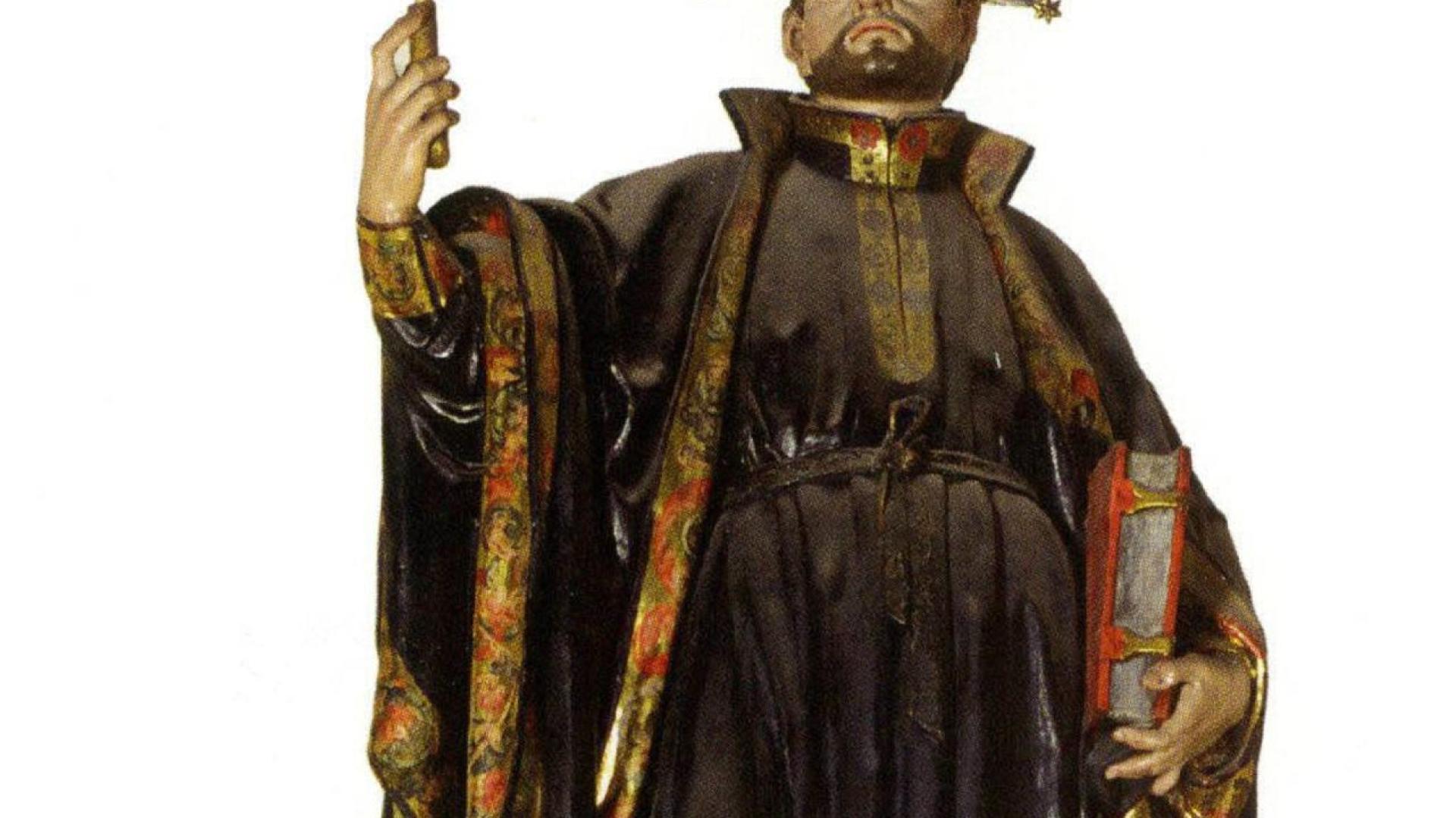 Escultura del santo, vestido de jesuita en la catedral de Pamplona, c. 1620, procedente del colegio jesuítico de la Anunciada de Pamplona