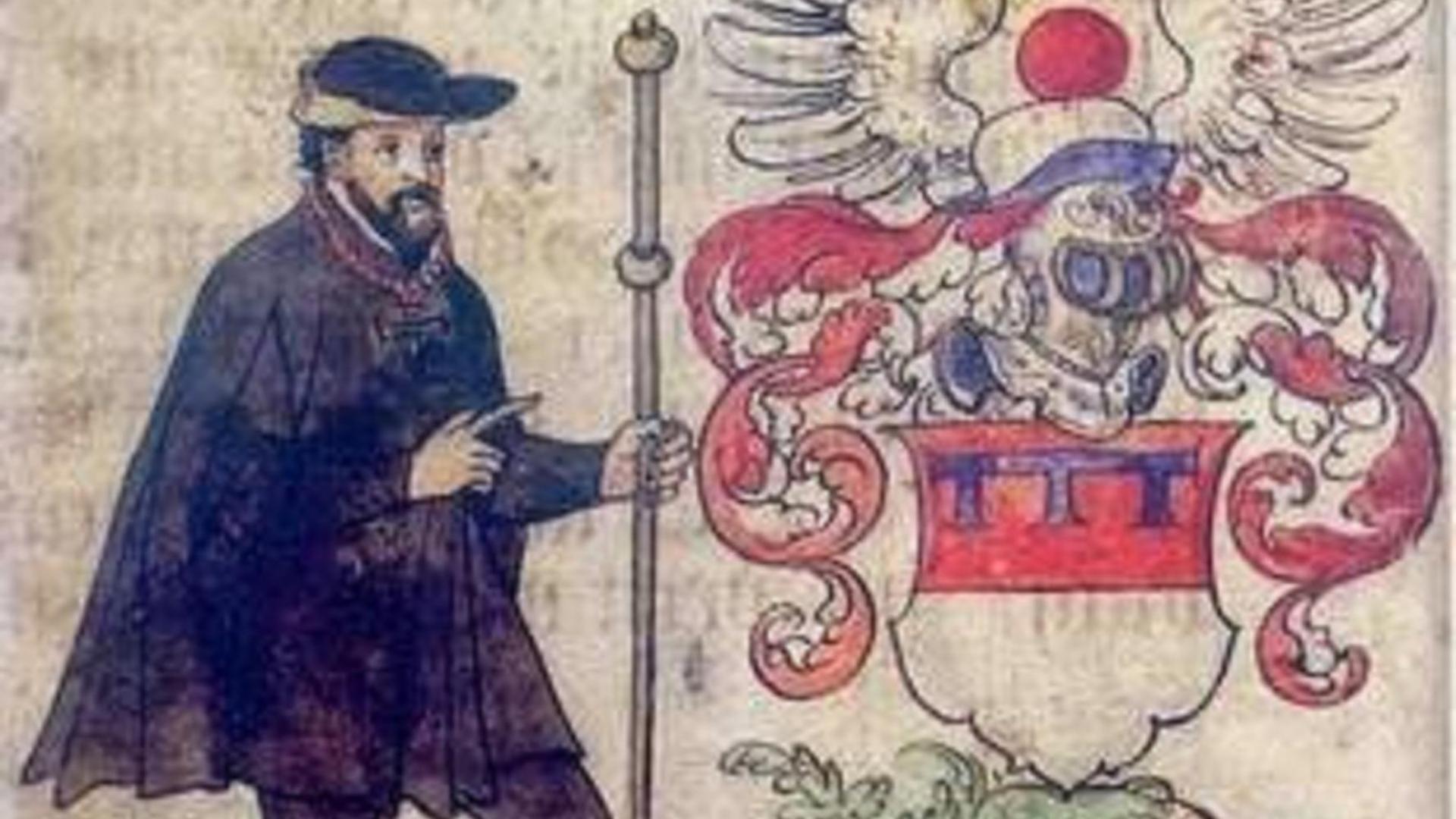 Von Harff con modesto hábito de peregrino y sombrero de ala ancha, representado con su escudo en la dedicatoria de su obra.