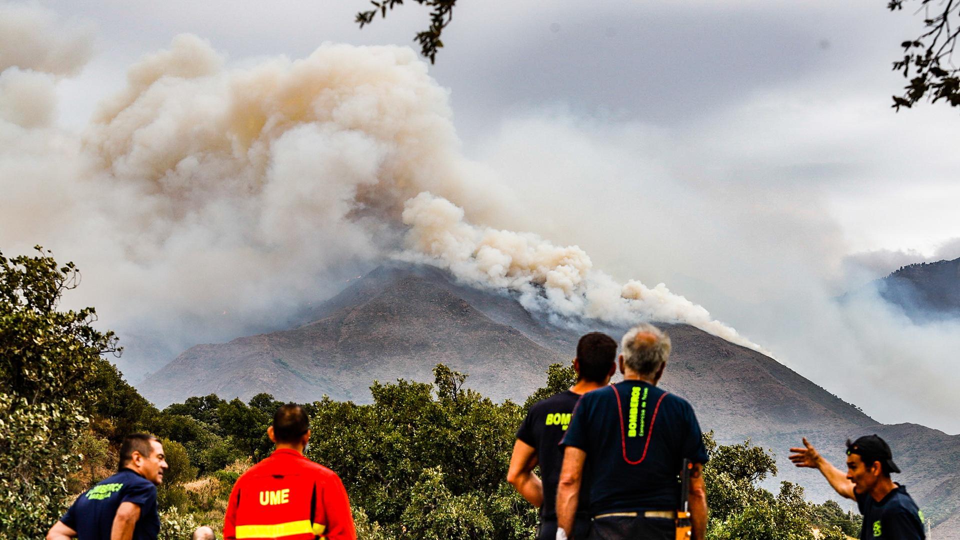 Miembros de la UME trabajan para la extinción del fuego de Sierra Bermeja desde  el cerro de la Silla de los Huesos