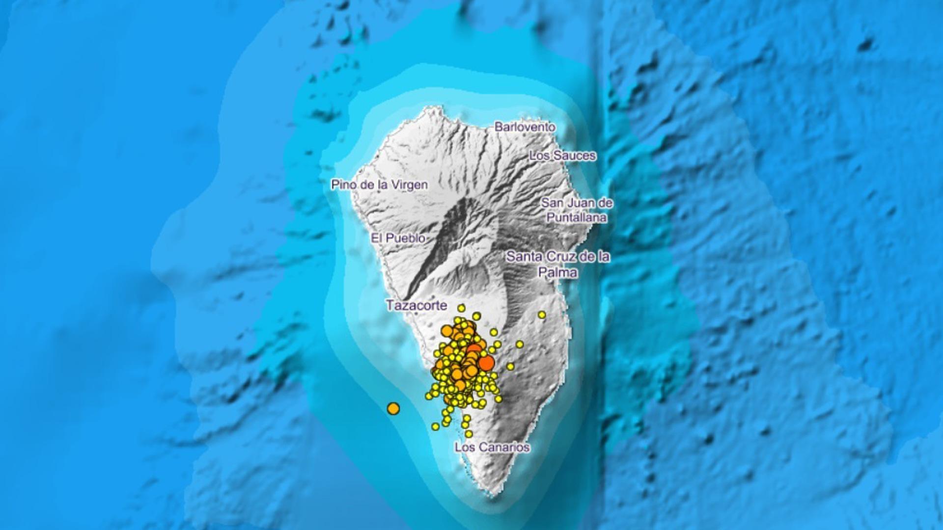 Mapa de los seísmos en La Palma