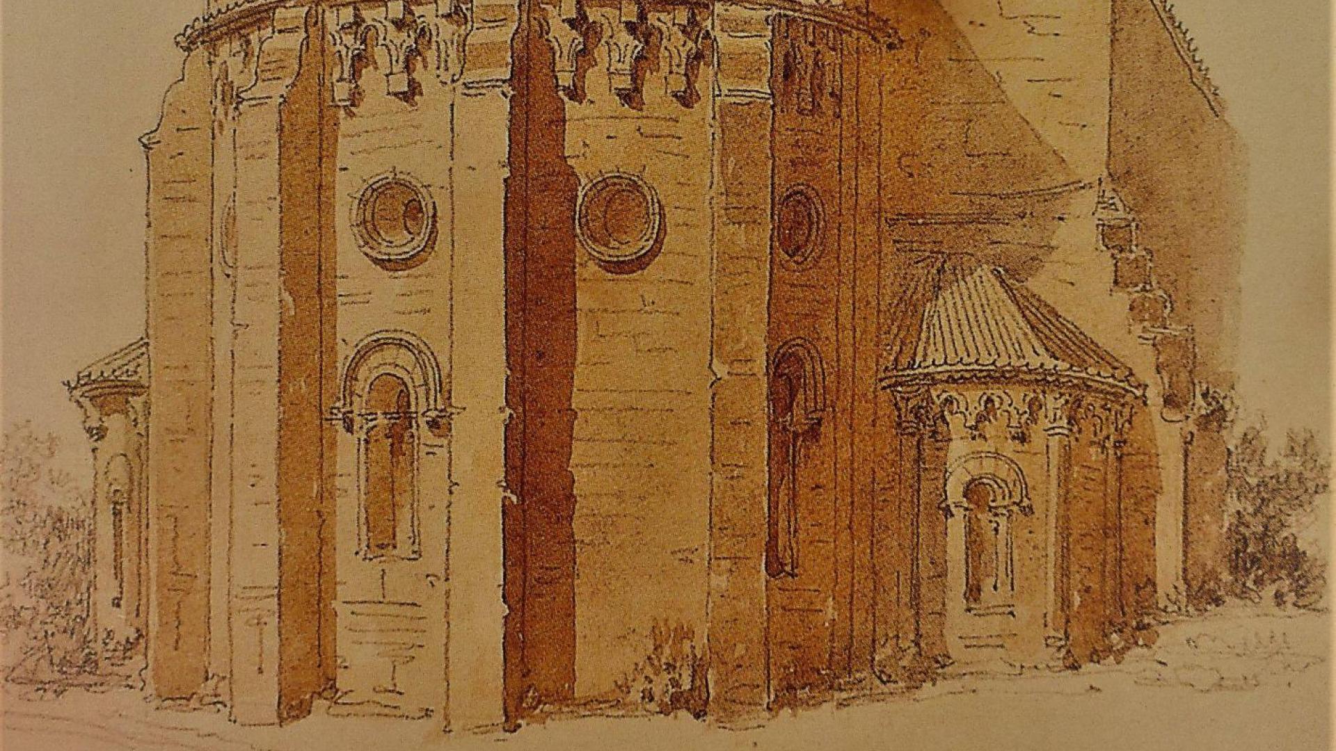 Monasterio de Santa María de Irache. Según Laffi, “enorme y hermoso convento que posee gran riqueza y parece una ciudad”. Dibujo a lápiz y acuarela sobre papel de Jaime Serra y Gibert.