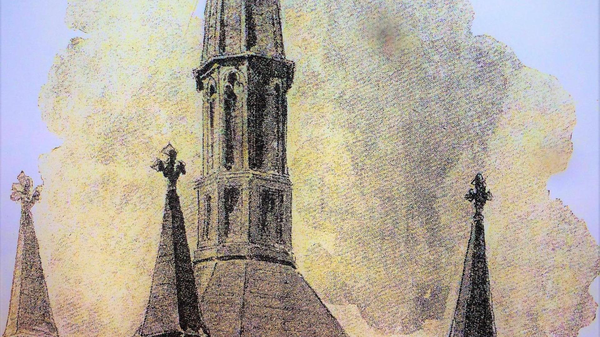 Chimeneas de la cocina de la catedral pamplonesa. Dibujo en fotograbado publicado en P. Madrazo, Navarra y Logroño.
