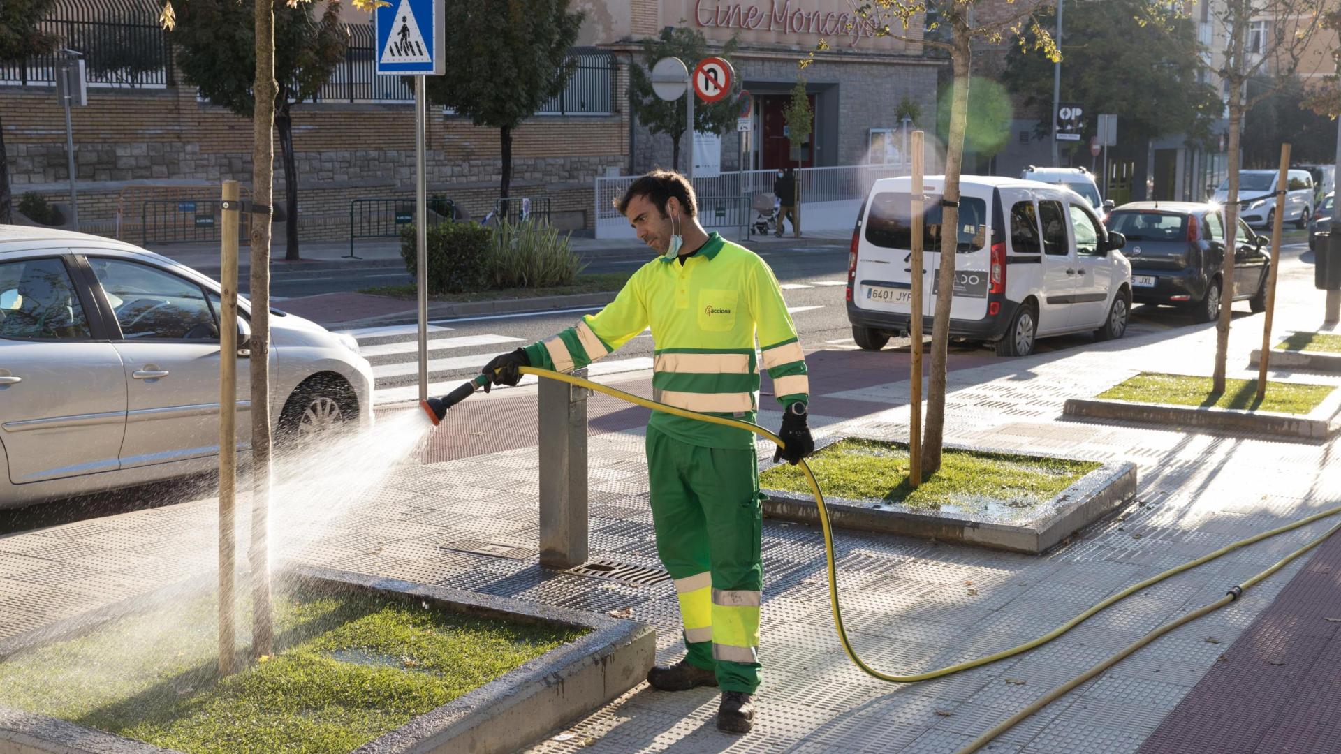 Un operario de la contrata de jardines riega el césped colocado en el alcorque de un árbol con el cine Moncayo, al fondo