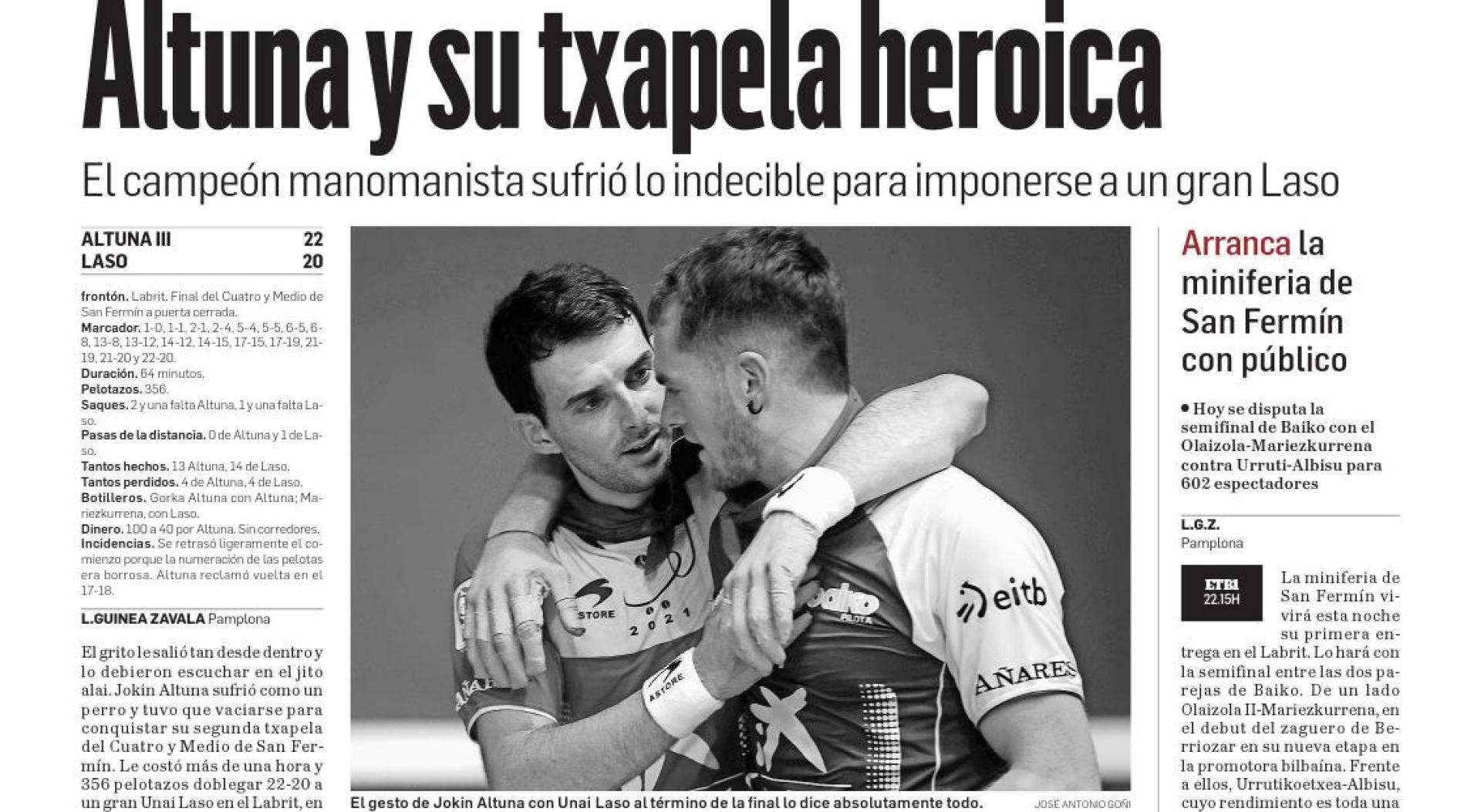 Altuna y su txapela heroica. Titular de la crónica de la final del Cuatro y Medio de San Fermín en Diario de Navarra