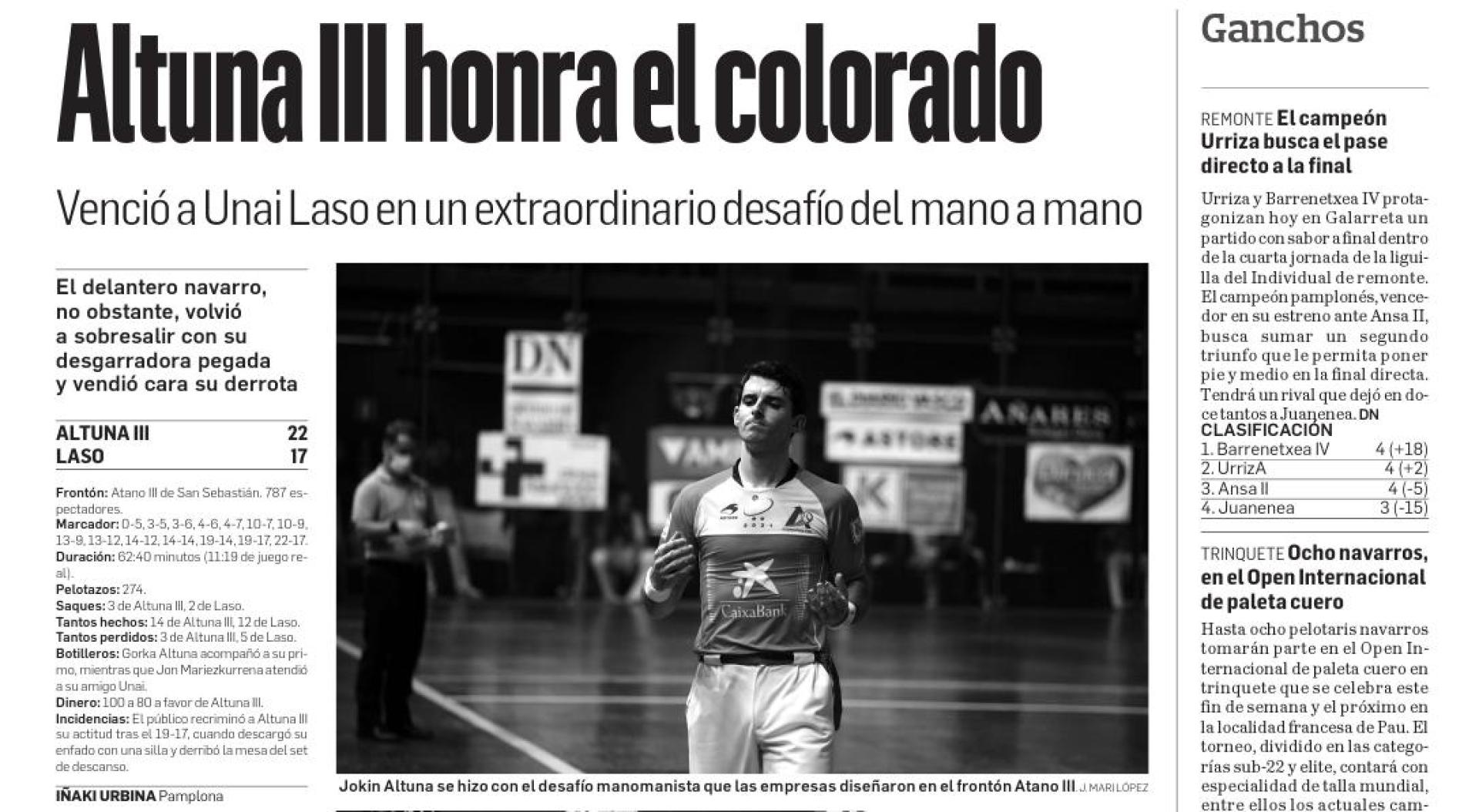 Altuna honra el colorado. Titular de la crónica del desafío de verano en Diario de Navarra